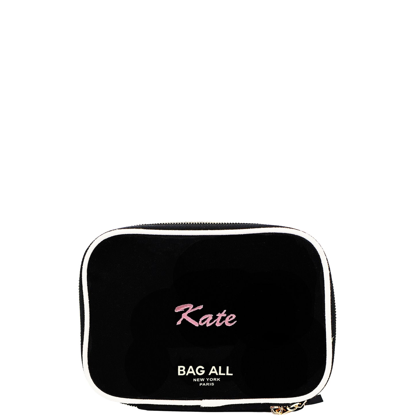Bag-all Double Sided Toiletry Case in Black with pink personalized name, featuring waterproof interior, dual metal zippers, and convenient carry handle