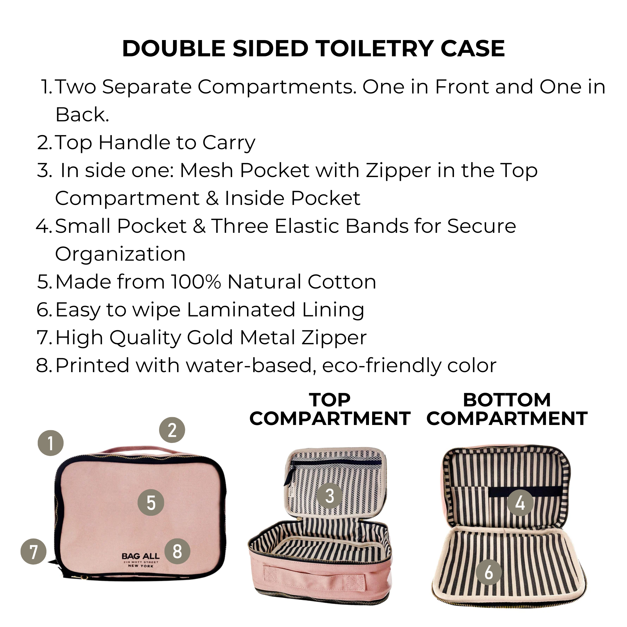 Bag-all Double Sided Toiletry Case in Pink/Blush features dual compartments, cotton construction, laminated interior, gold zippers, mesh pockets, and elastic organizers for travel essentials
