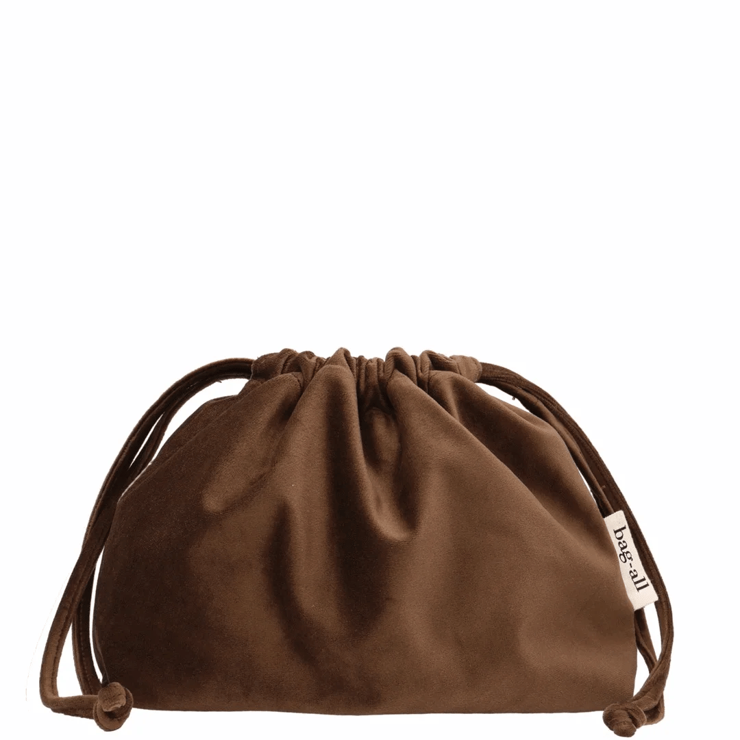 Drawstring Cute Headphone/Tech Pouch – Eco Velvet – Espresso Brown by Bag-all for travel organization