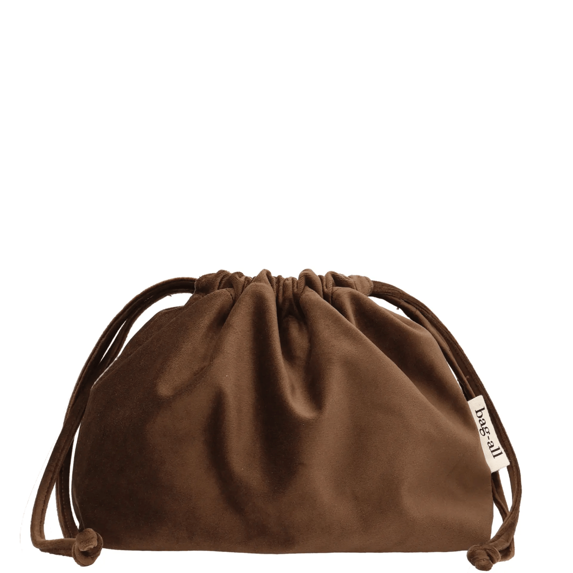 Drawstring Makeup Organizing Bag – Eco Velvet – Espresso Brown with soft velvet texture, ideal for stylish personalized travel organization by Bag-all.