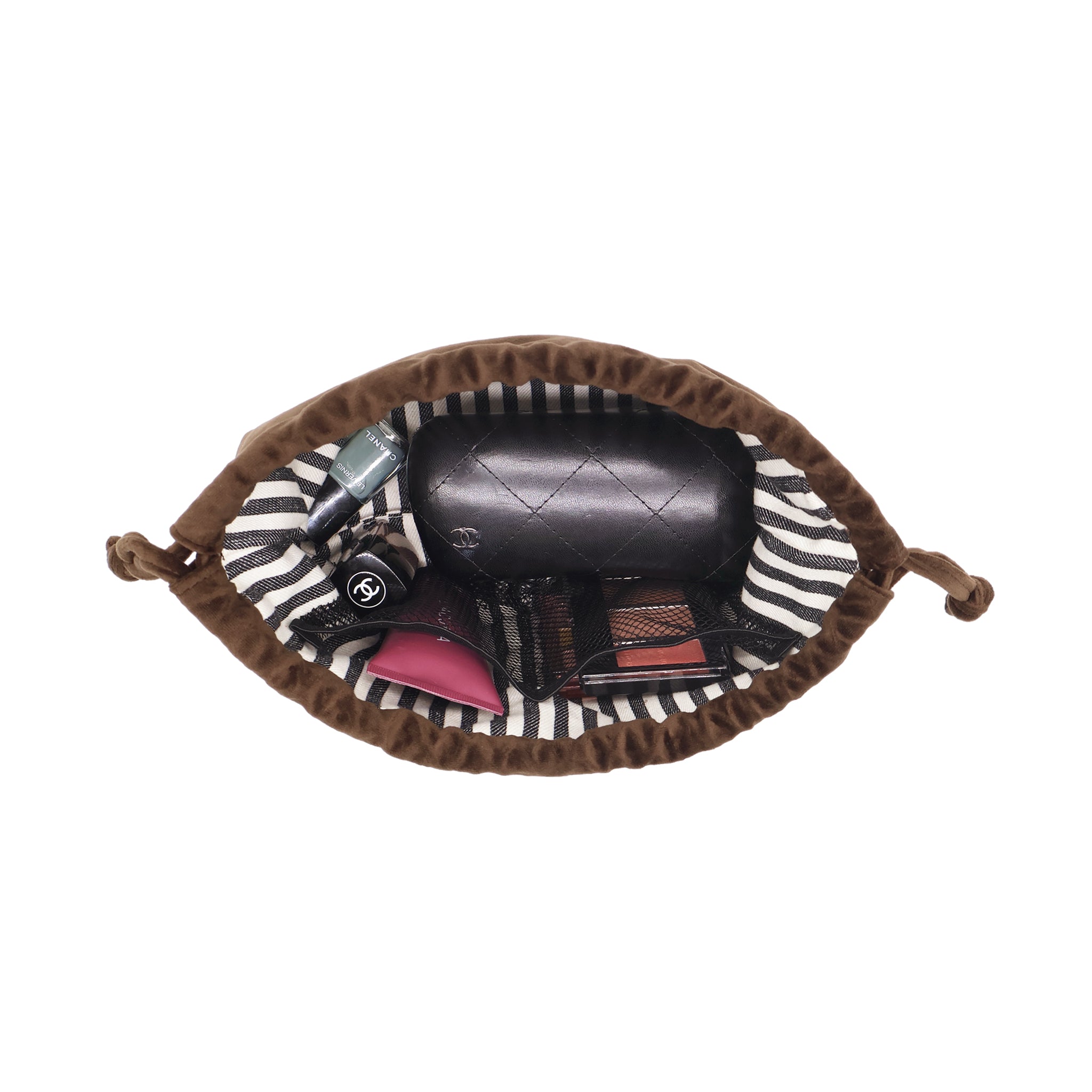 Drawstring Makeup Organizing Bag – Eco Velvet – Espresso Brown with striped lining, perfect for stylish travel organization and personalized packing by Bag-all.