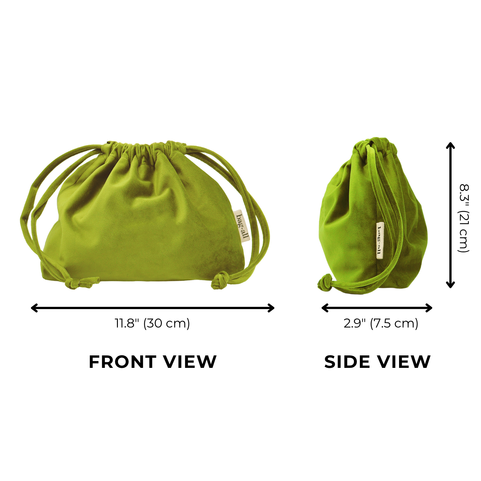 Green velvet drawstring makeup bag by Bag-all with soft texture and compact, travel-friendly design shown front and side views