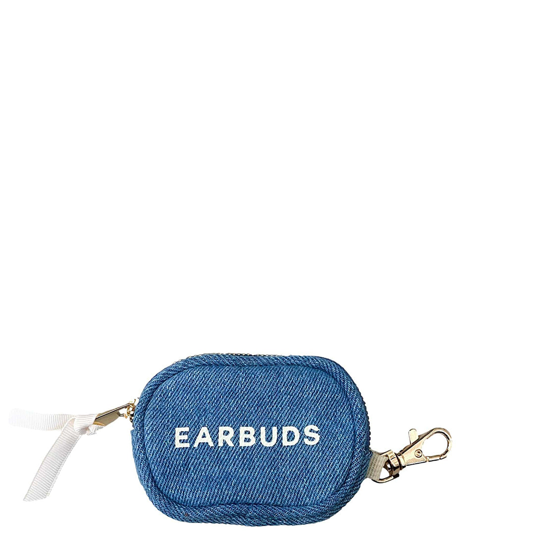 Blue denim Bag-all earbuds case with zipper and clasp for easy cord storage and protection on the go