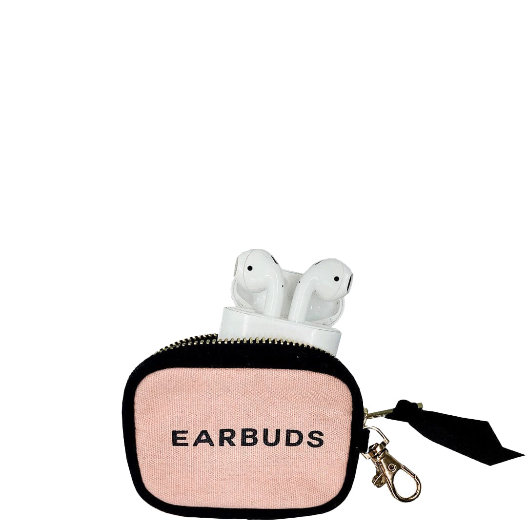 Pink Bag-all Earbuds Case with gold clasp holding white earbuds against white background