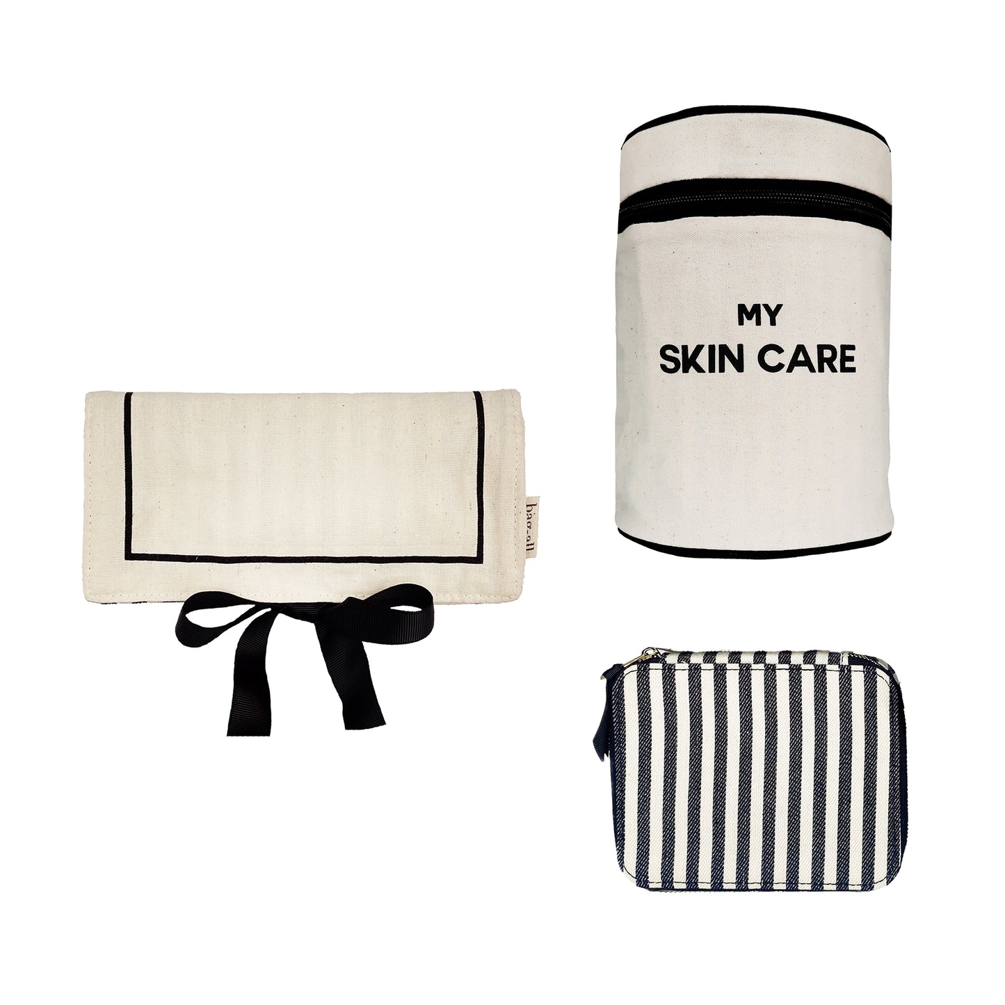 Bag-all Essential Gift Set Deal 3-Pack Cream featuring skincare case, jewelry roll, and striped organizing pouch in natural cotton with black trim