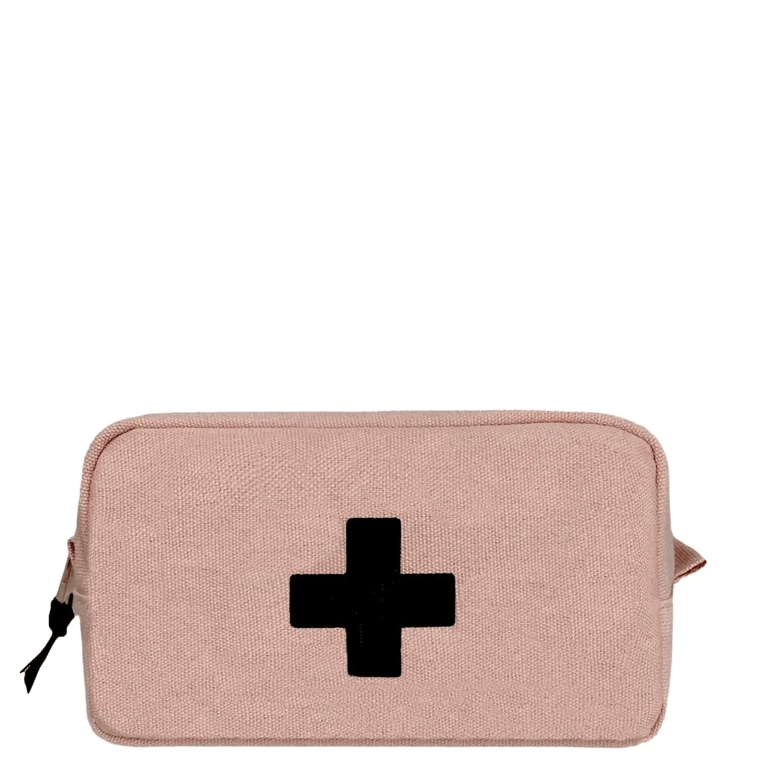 Bag-all First Aid Organizing Pouch in blush pink cotton with black medical cross, zippered closure and waterproof lining - perfect for organizing medical essentials and travel