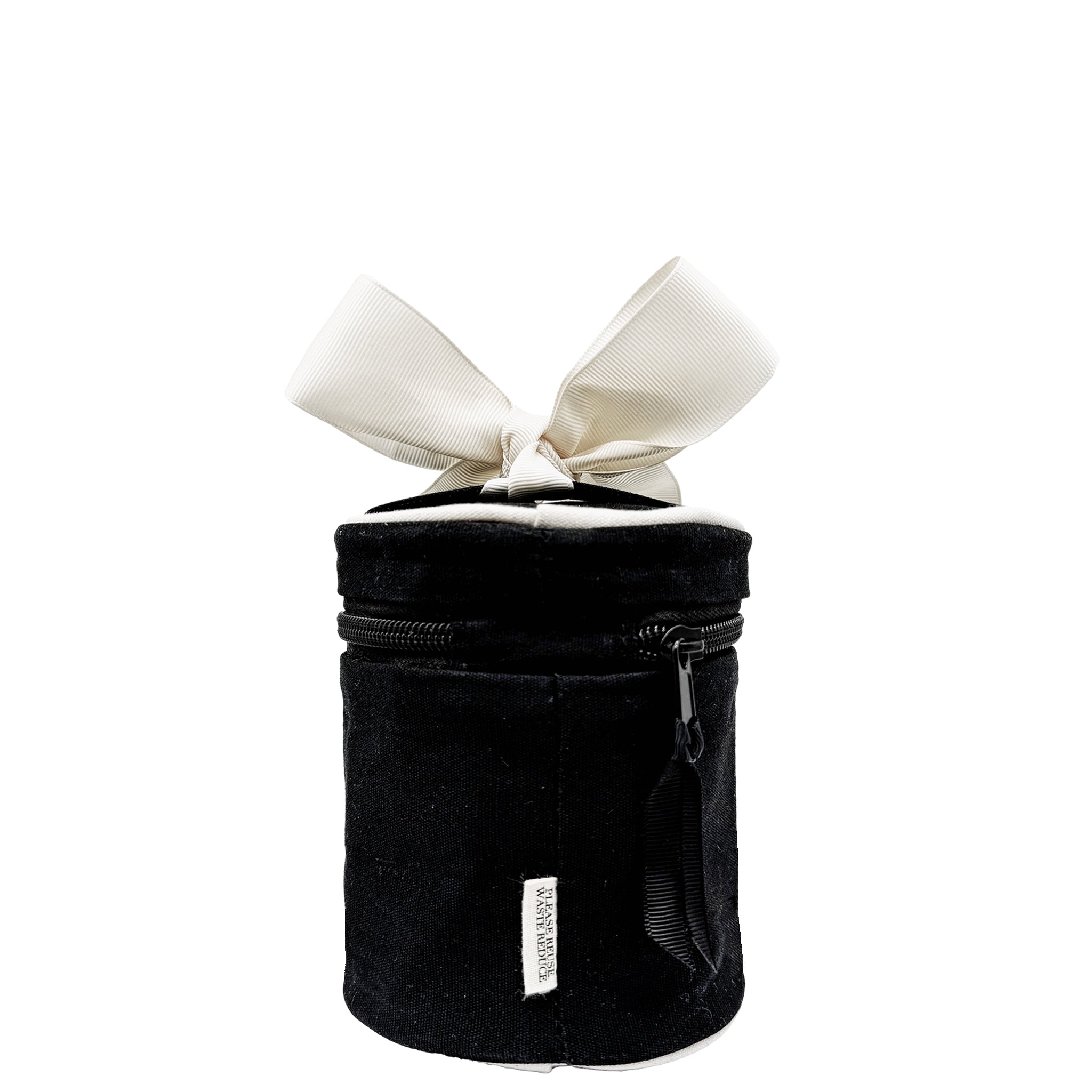 Black round Carry On Liquids Case with zipper and white bow, refillable bottles included by Bag-all for travel organization