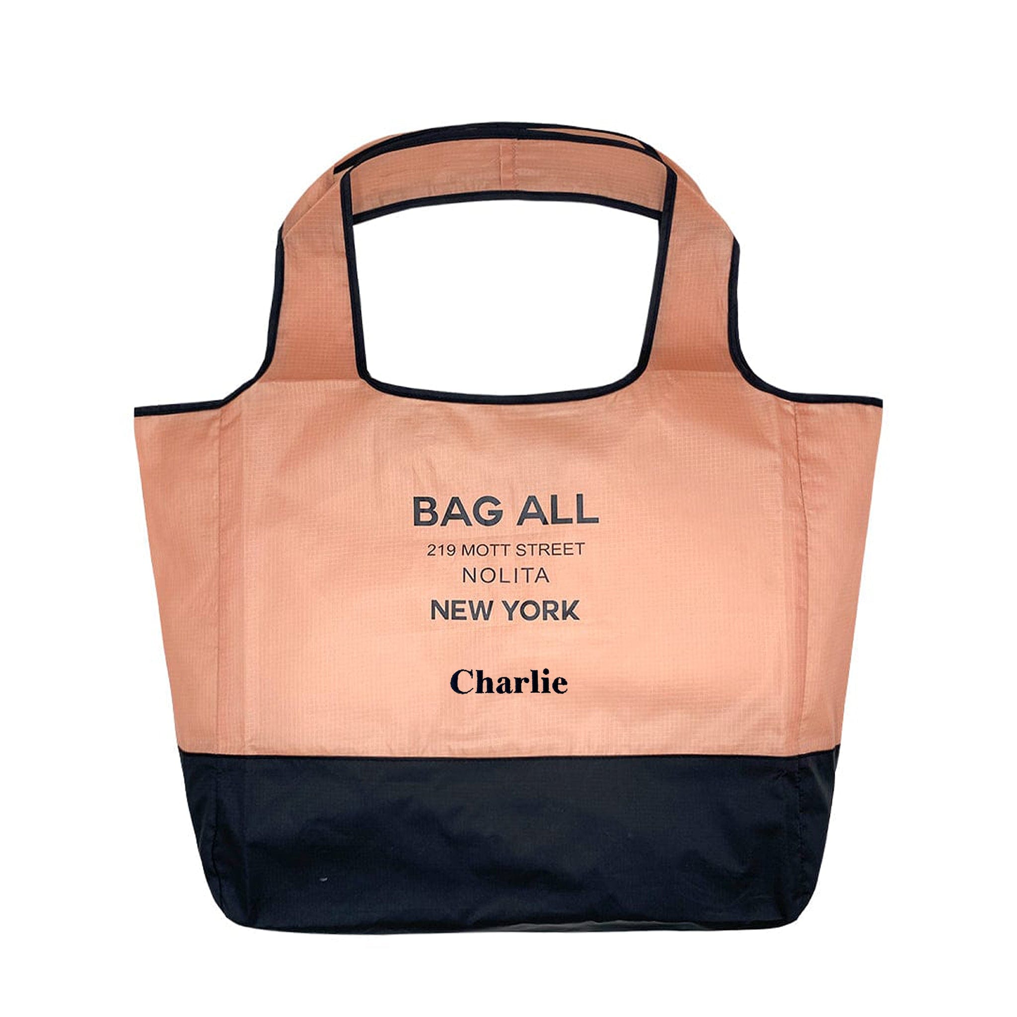 Bag-all Folding Shopping Bag with Zipper Pocket Pouch in pink and black nylon, featuring two-tone design with brand address details and personalized name, perfect for eco-friendly shopping