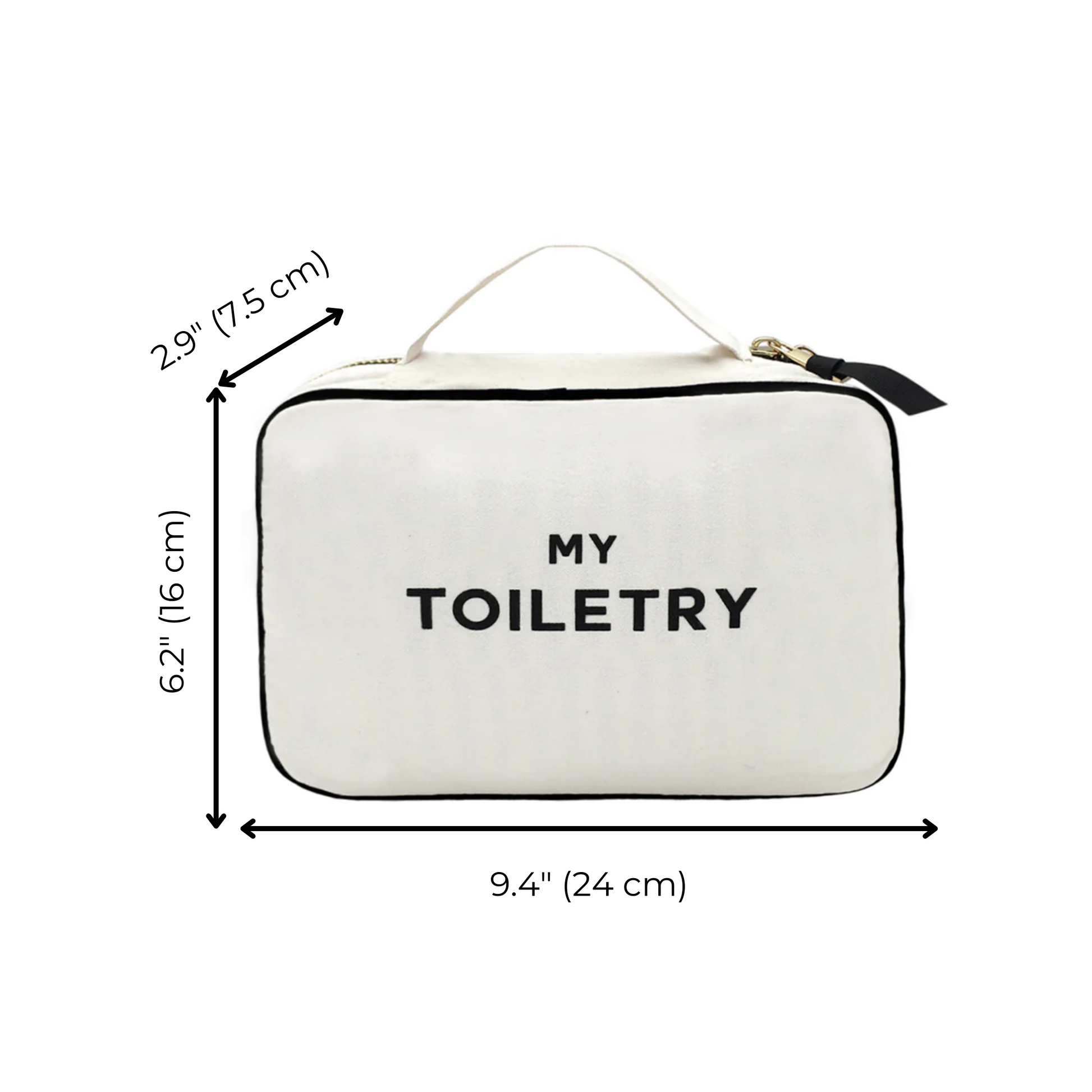 Bag-all Folding/Hanging Toiletry Case in cream with 'MY TOILETRY' text, featuring black trim, handle strap, and dimensions 9.4" x 6.2" x 2.9" - perfect for organized travel storage