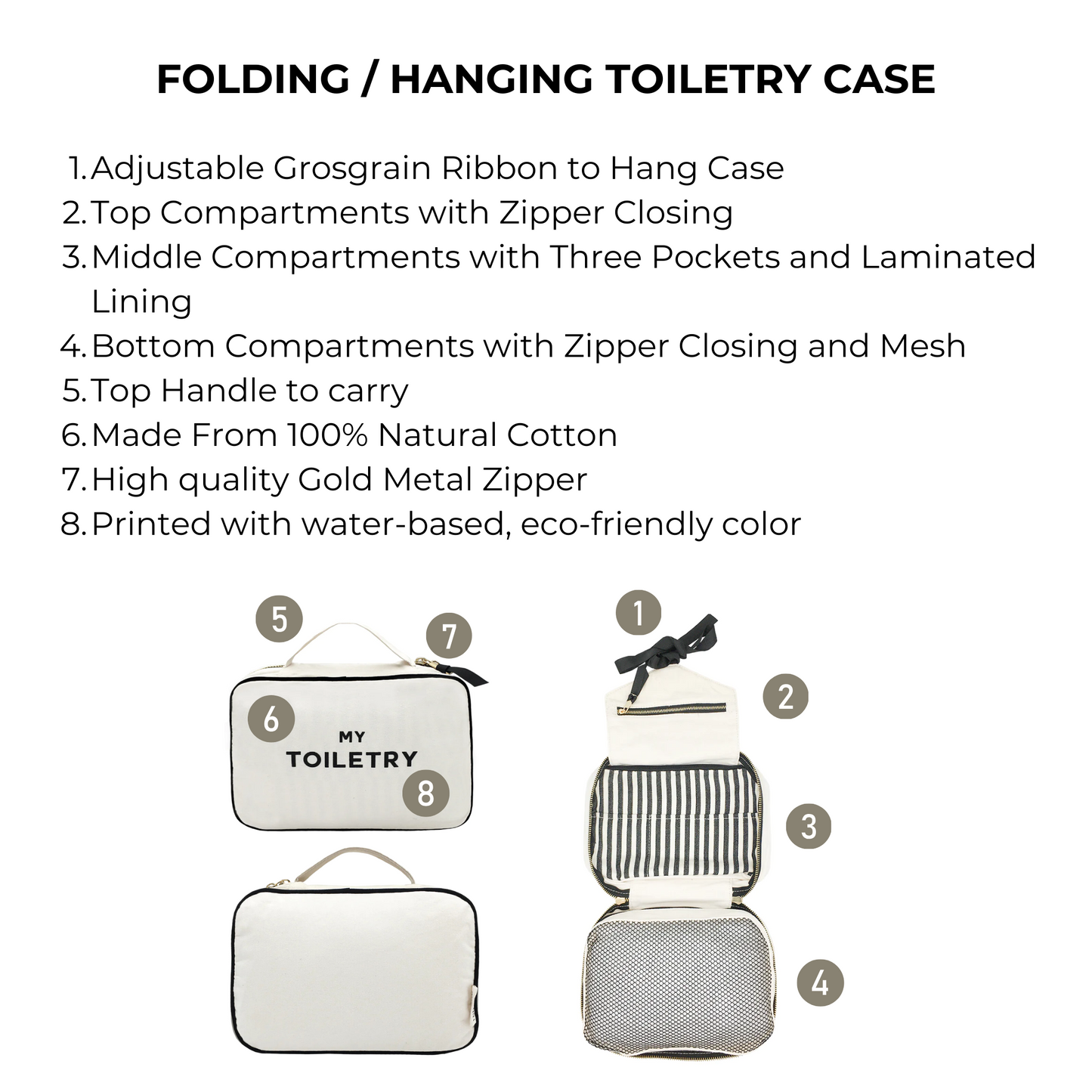 Bag-all Folding/Hanging Toiletry Case in cream featuring 3-tier compartments, eco-friendly cotton construction, adjustable hanging ribbon, and gold metal zippers for organized travel storage