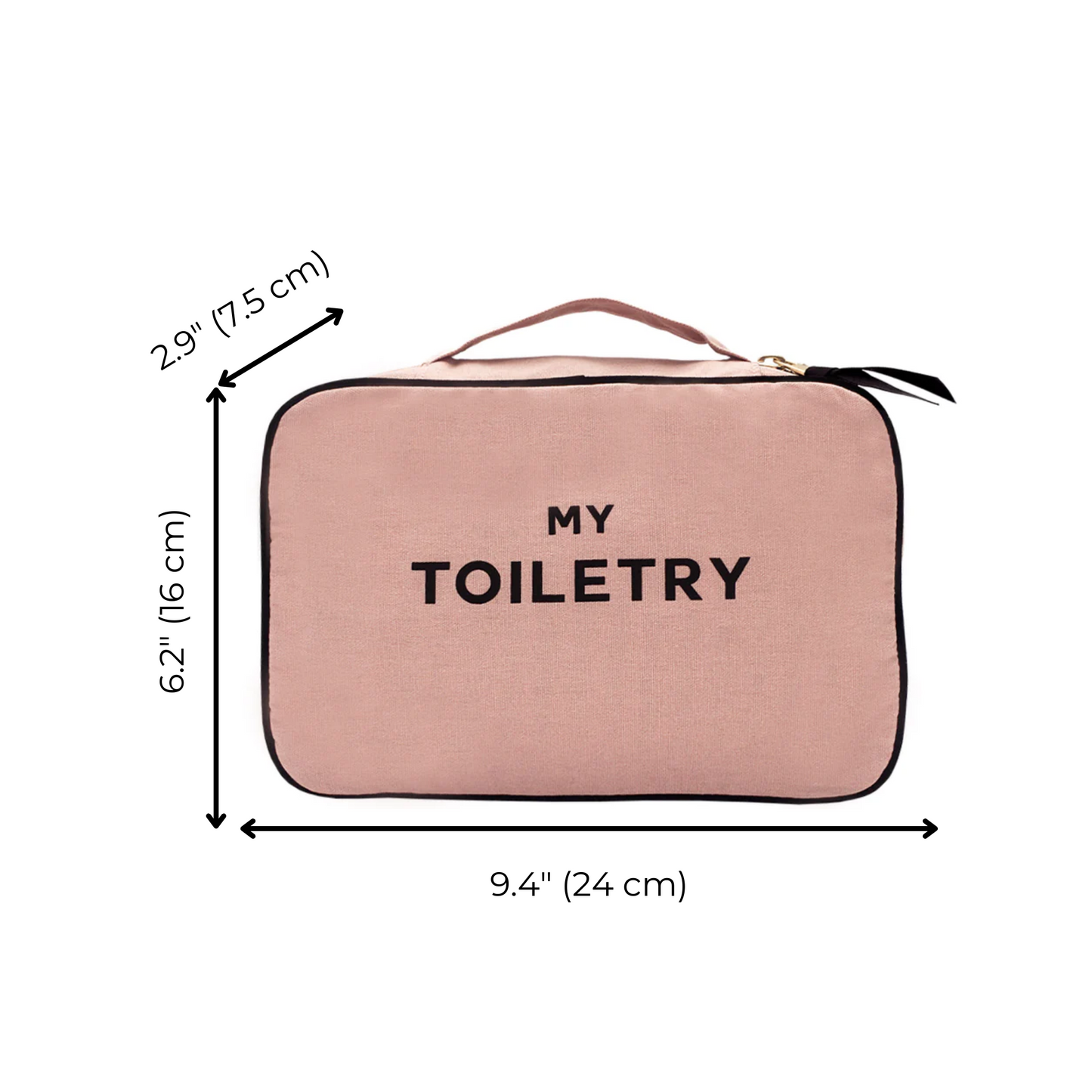 Bag-all Folding Toiletry Case in blush pink with My Toiletry text, featuring hanging strap and compartments, measures 9.4x6.2x2.9 inches, perfect for travel organization
