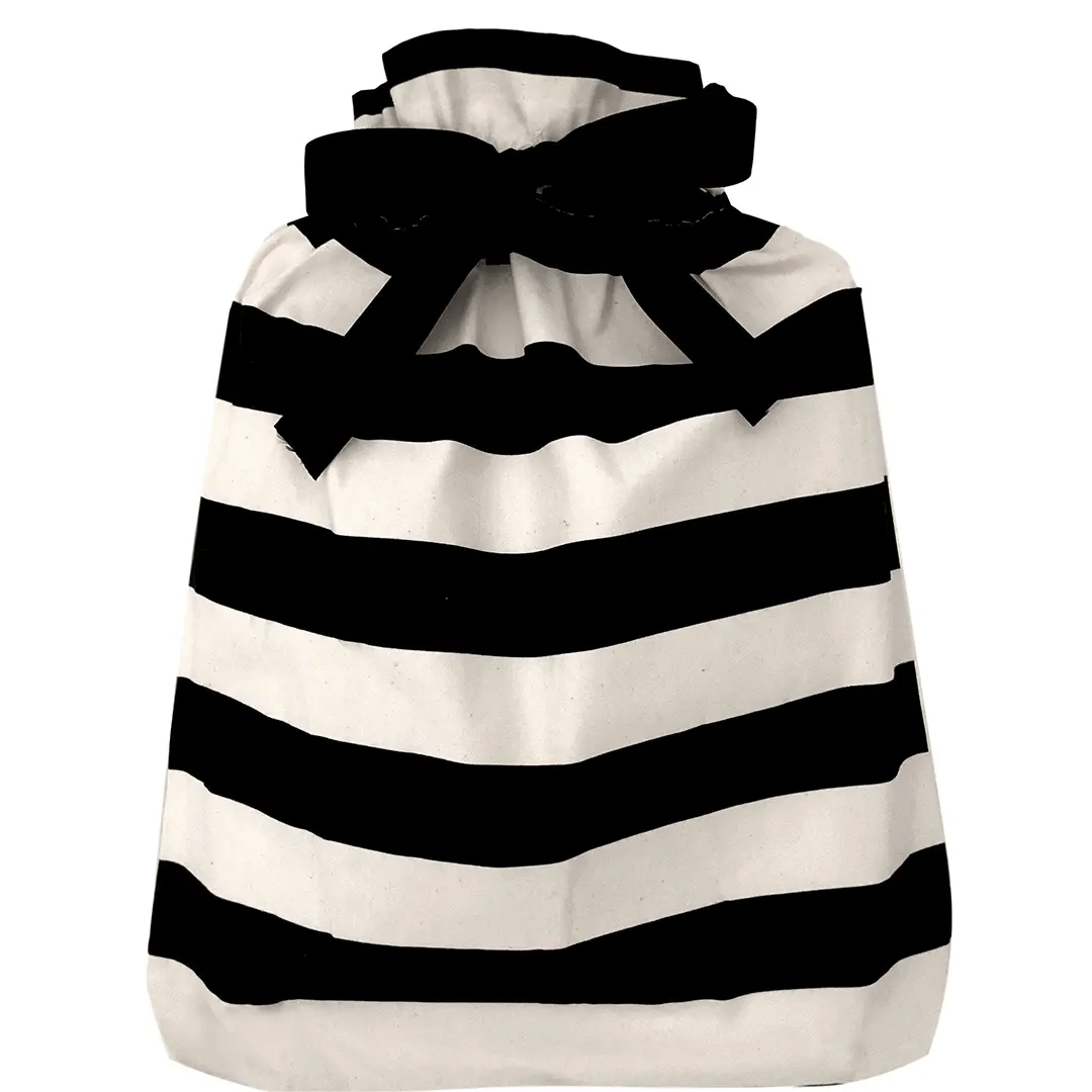 Bag-all Gift Bag Striped Large - Reusable black and white striped fabric gift bag with elegant bow closure, perfect for sustainable gift wrapping and eco-friendly celebrations