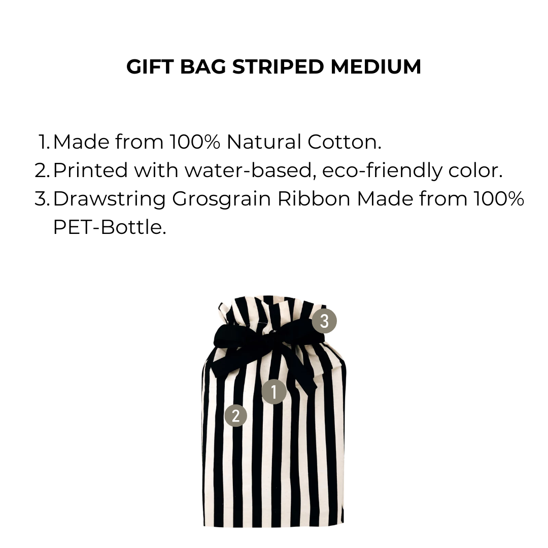 Bag-all Gift Bag Striped Medium: Eco-friendly reusable cotton gift bag with black and white stripes and recycled PET ribbon drawstring closure for sustainable gift wrapping