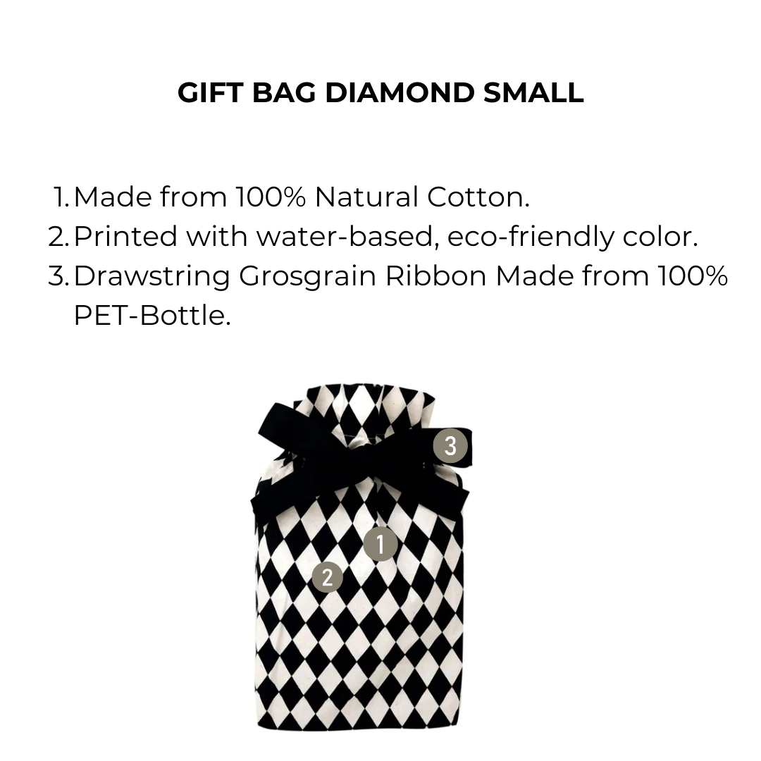 Bag-all Gift Bag Diamond Small: Eco-friendly cotton reusable gift bag with black and white diamond pattern and recycled PET ribbon drawstring, perfect for sustainable gift wrapping