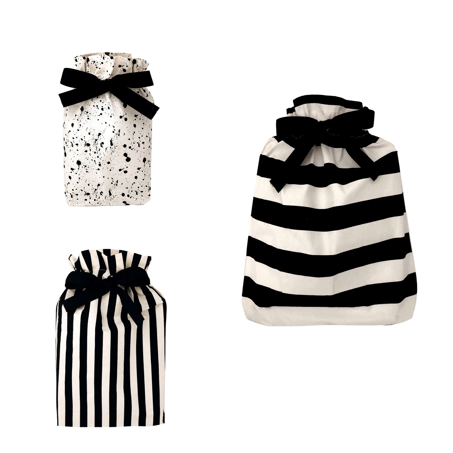 Bag-all Gift Bags Set Mix 2: Three reusable fabric bags featuring black and white designs - splatter pattern small bag and striped medium and large bags, each with elegant black bow closure