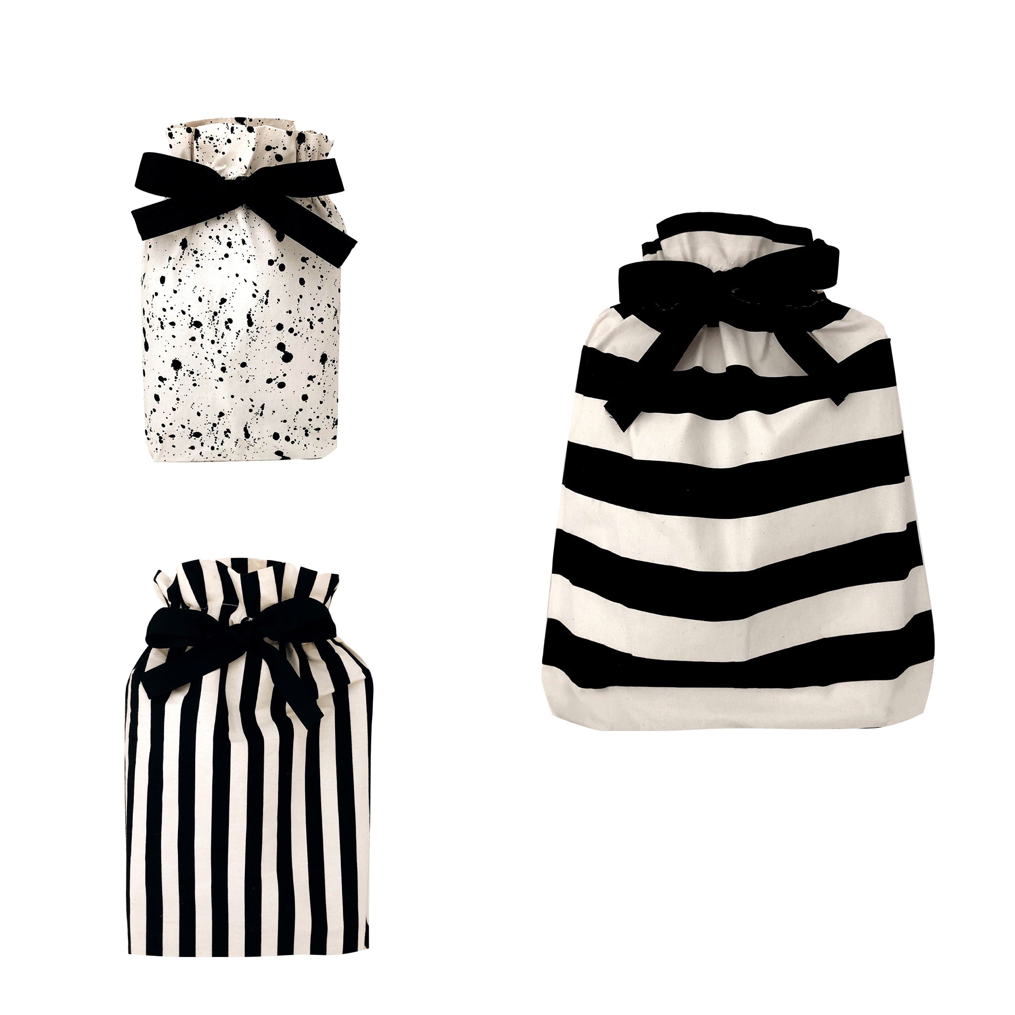 Bag-all Gift Bags Set Mix 2: Three reusable fabric bags featuring black and white designs - splatter pattern small bag and striped medium and large bags, each with elegant black bow closure