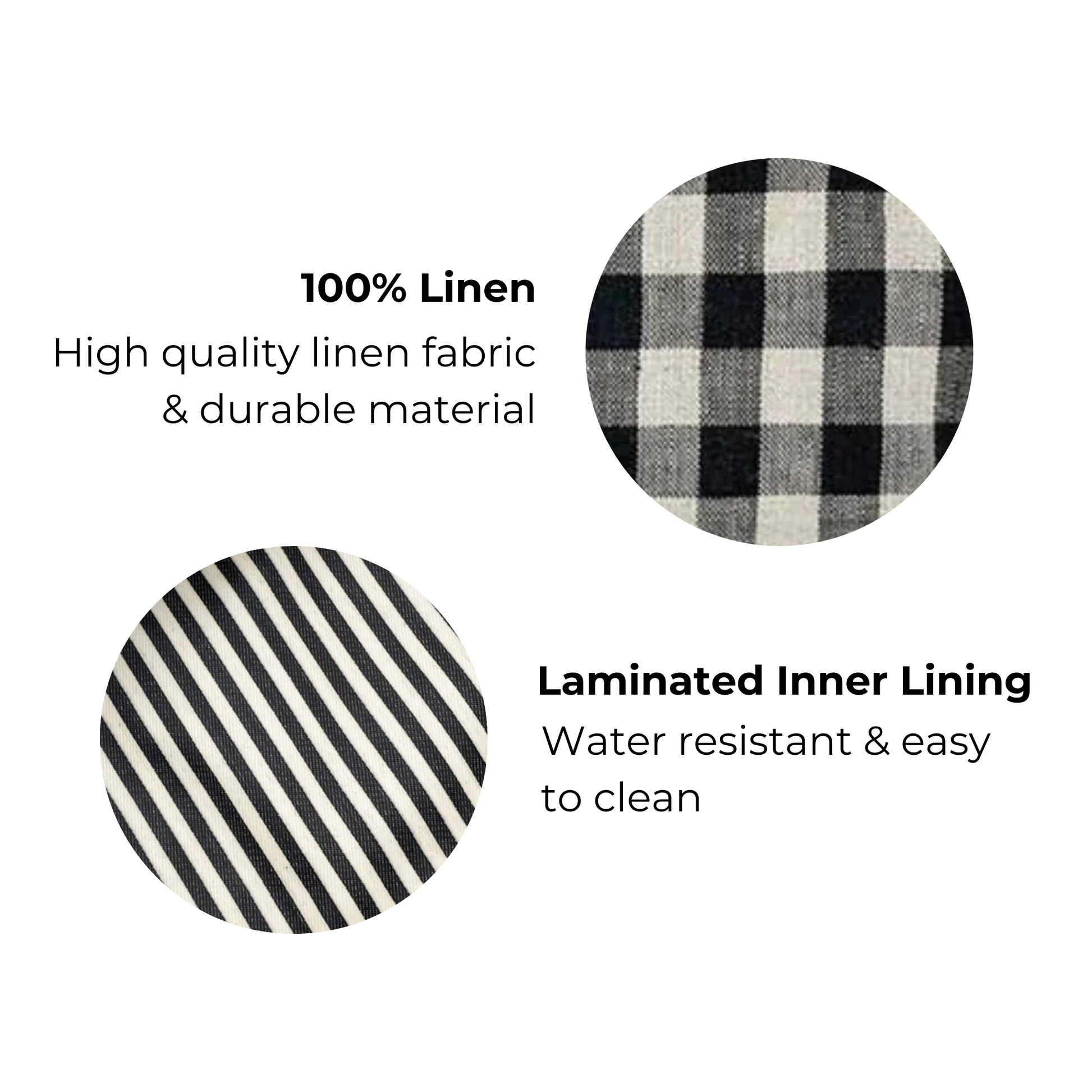 Bag-all My Makeup Pouch in black and white gingham linen with water-resistant striped laminated interior, perfect for cosmetics storage and travel organization