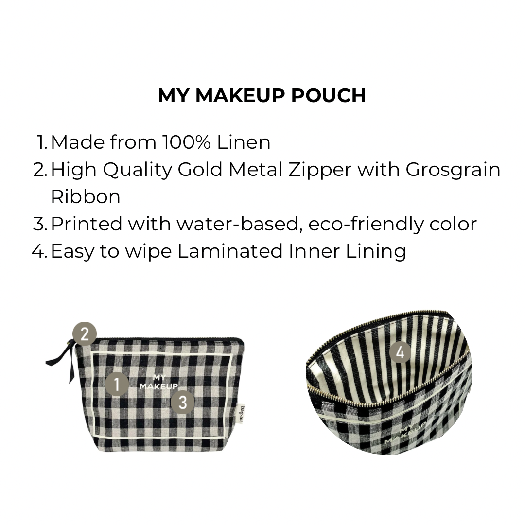 Bag-all My Makeup Pouch in black and white gingham pattern with laminated interior, gold zipper, and 100% linen construction, shown from front and top angles