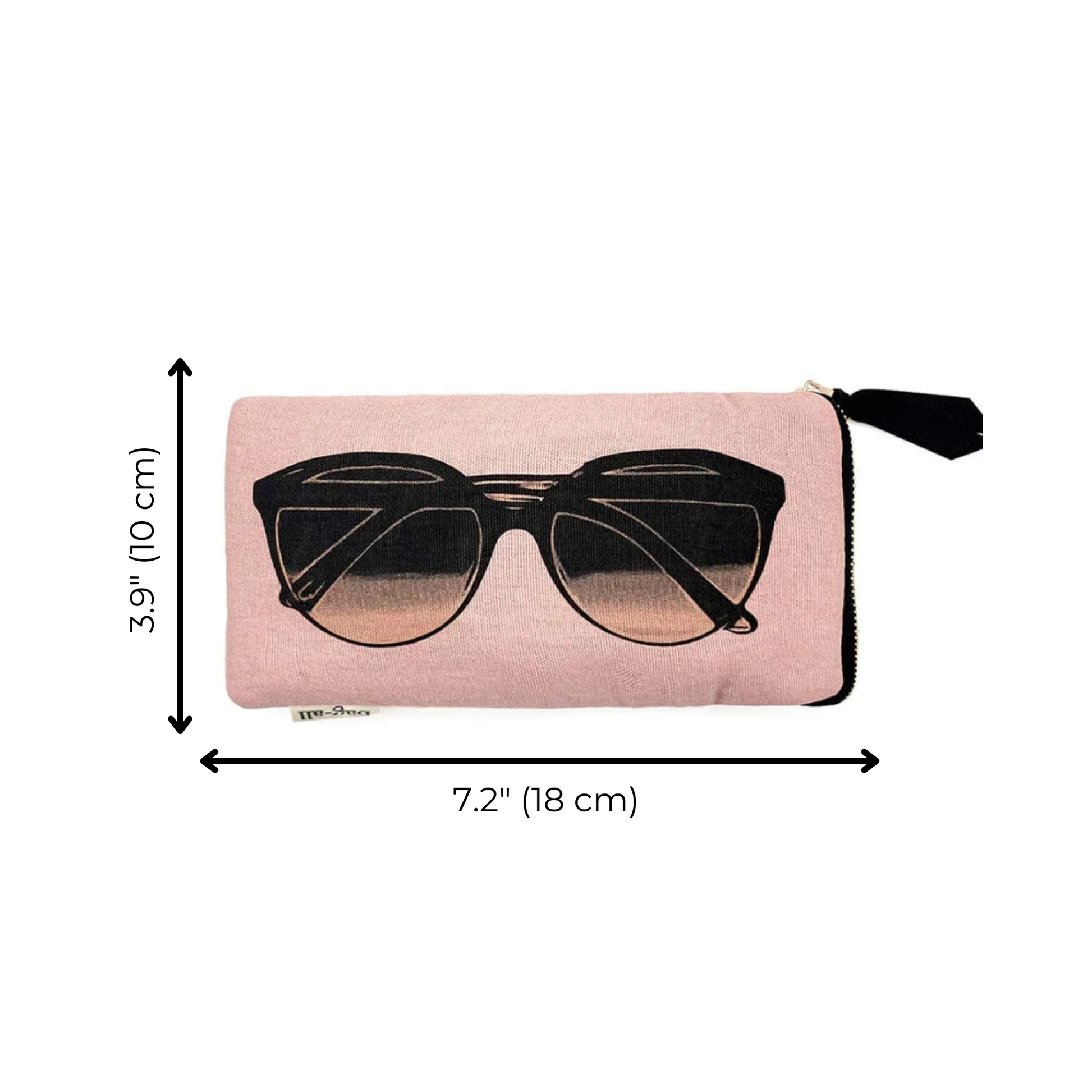 Bag-all Pink Glasses Case with Outside Pocket featuring sunglasses print, gold zipper, and extra storage compartment. Protective case in blush pink measuring 7.2 x 3.9 inches.