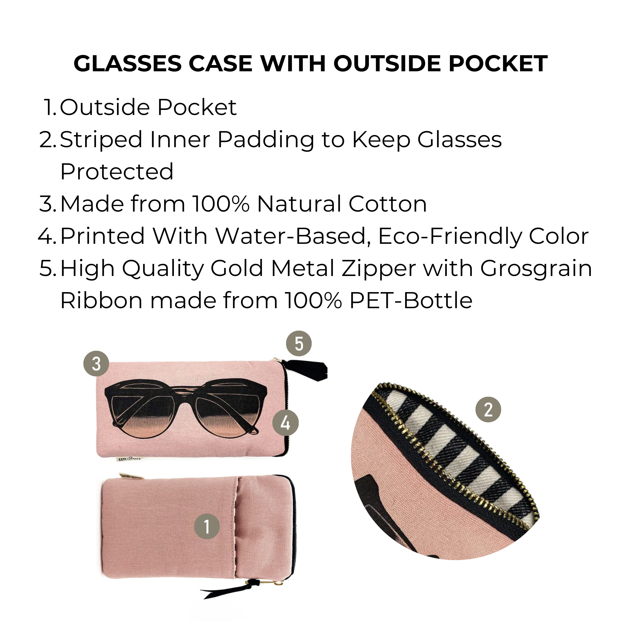 Bag-all Pink Glasses Case with Outside Pocket featuring striped padding, eco-friendly cotton material, gold zipper, and sunglasses print design. Protective storage solution with extra compartment.