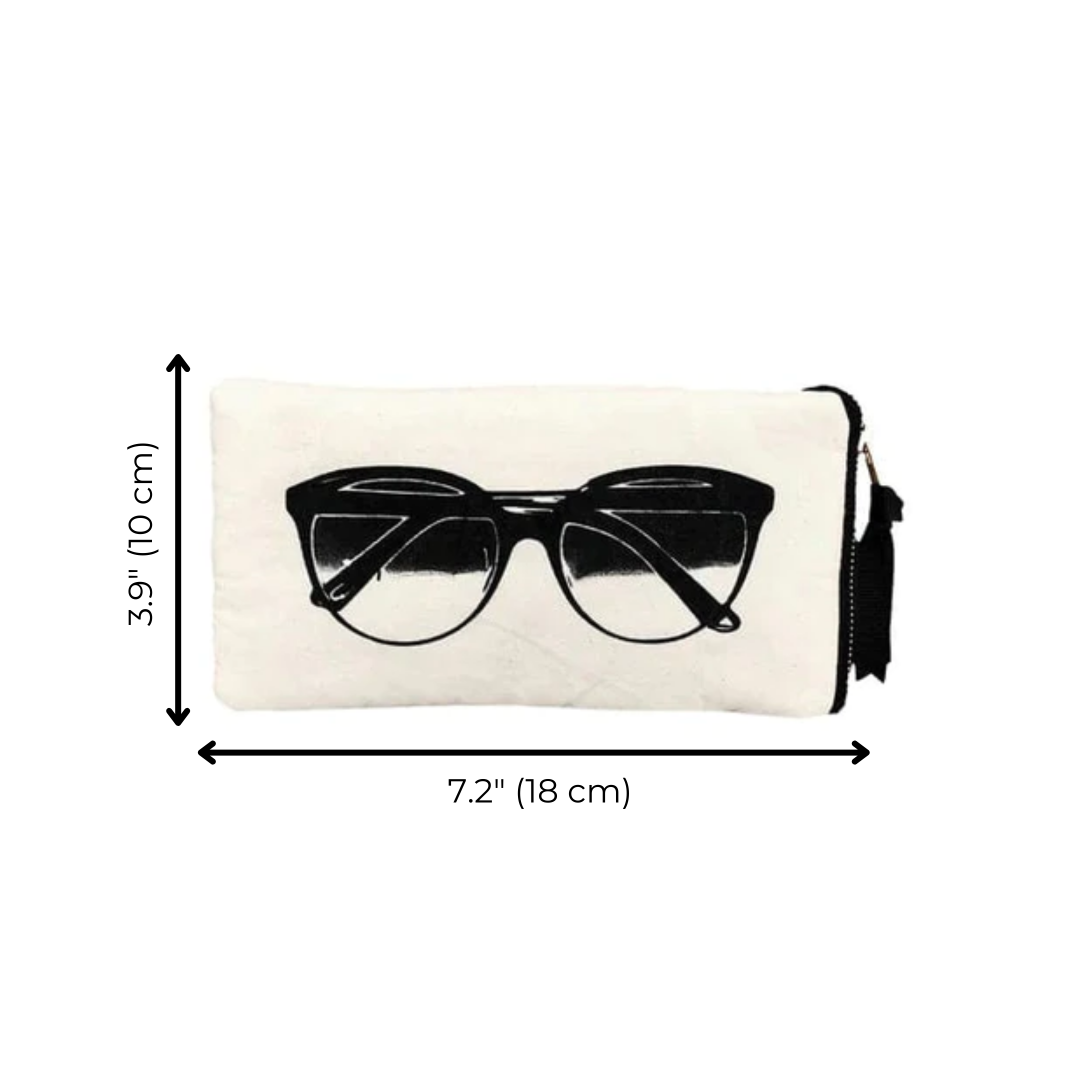 Bag-all Glasses Case with Outside Pocket in Cream featuring black sunglasses print, side storage pocket, measuring 7.2x3.9 inches, perfect for eyewear protection and accessories
