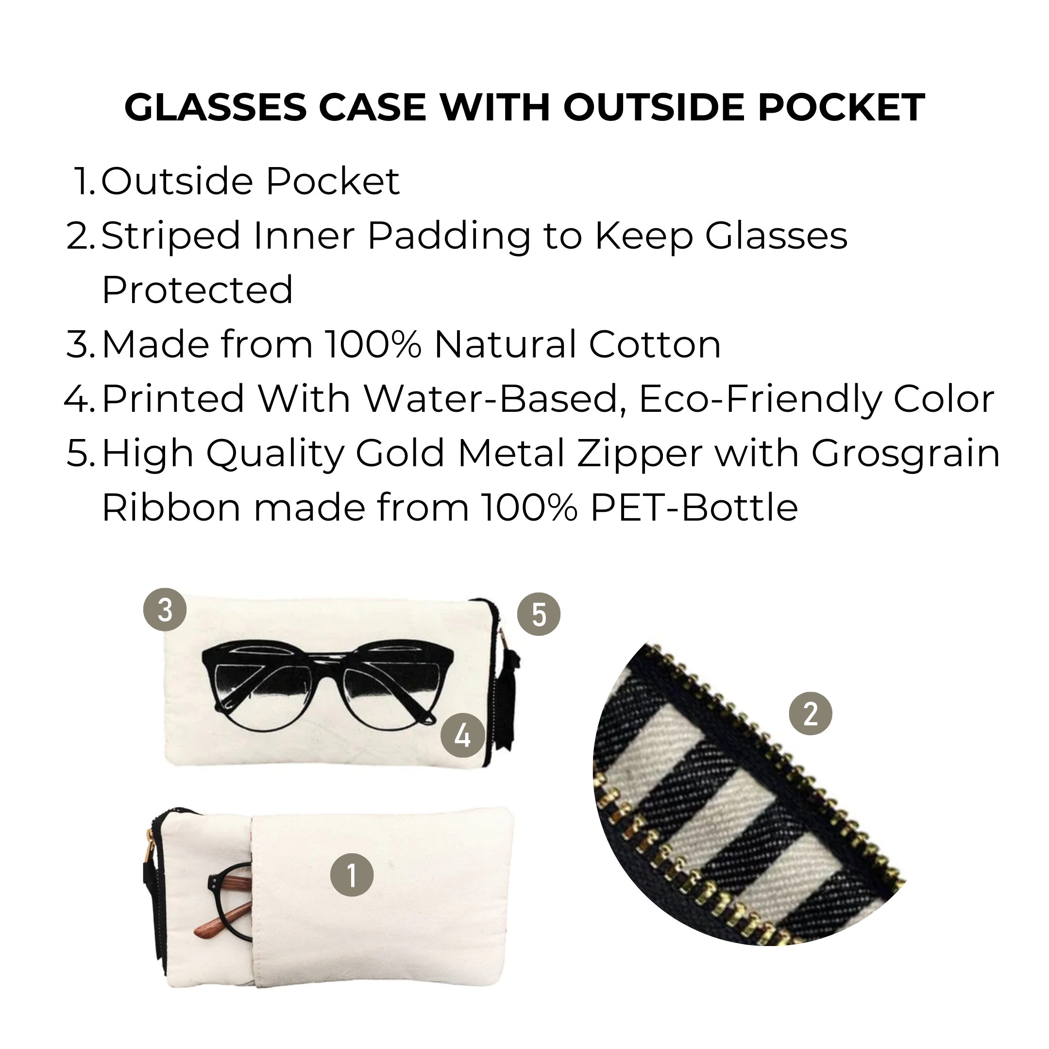 Bag-all Glasses Case with Outside Pocket in cream features protective striped padding, eco-friendly cotton construction, gold zipper, and convenient external storage for essentials and eyewear accessories