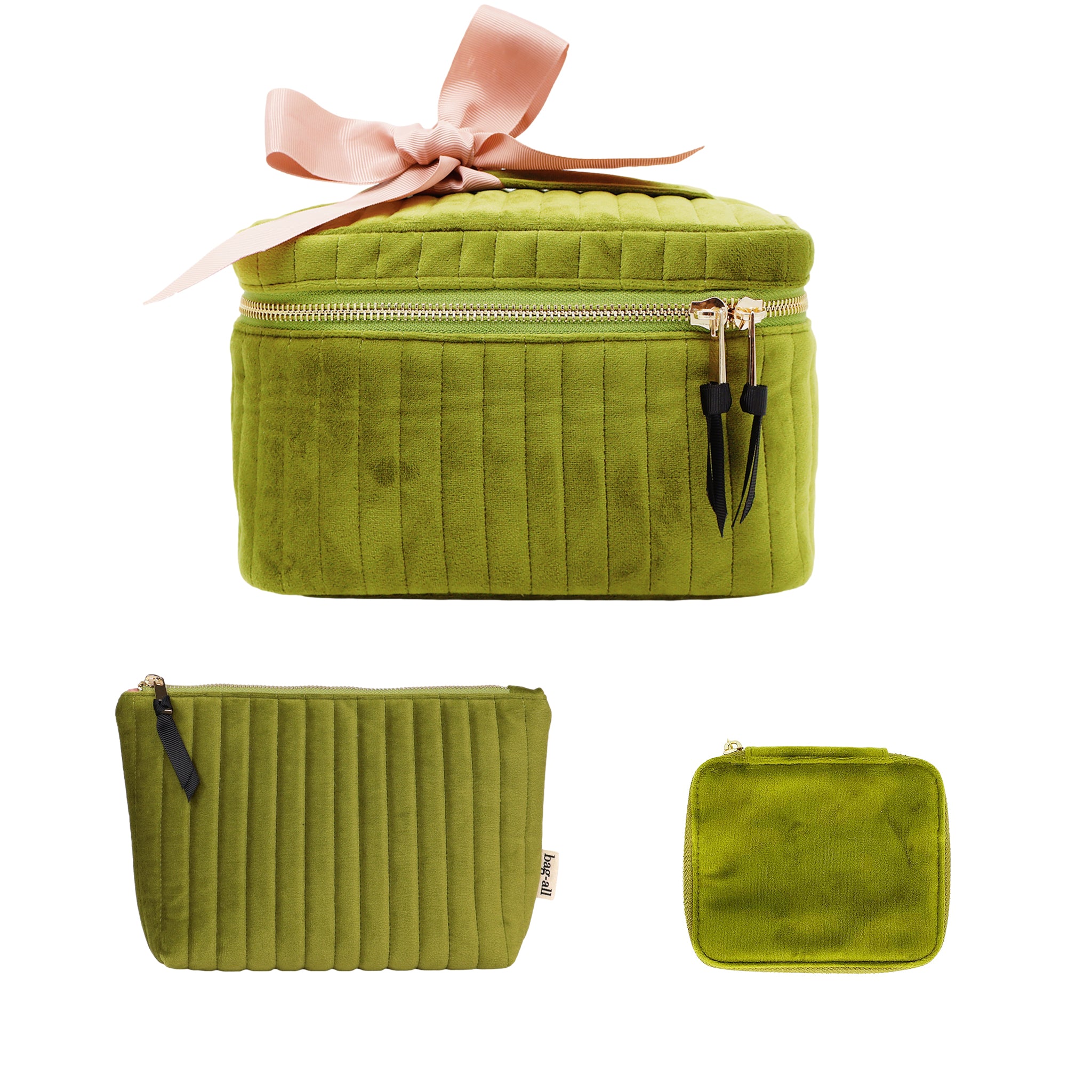 Bag-all eco velvet green 3-pack Glow & Go makeup and jewelry storage set with pink ribbon bow