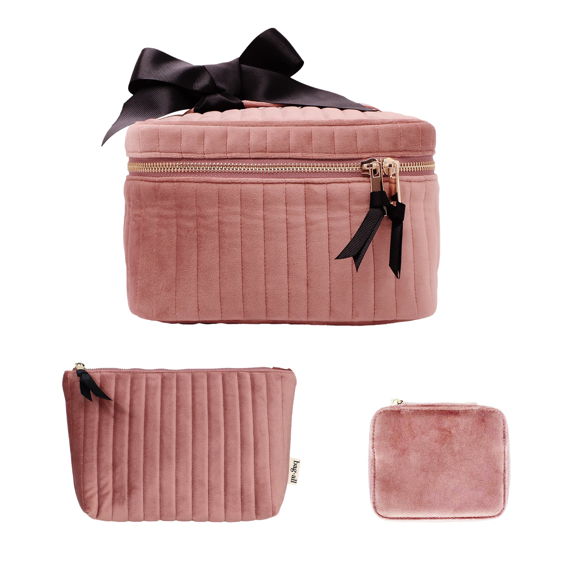 Bag-all eco velvet 3-pack gift set in pink with quilted makeup case, pouch, and small jewelry bag on white background