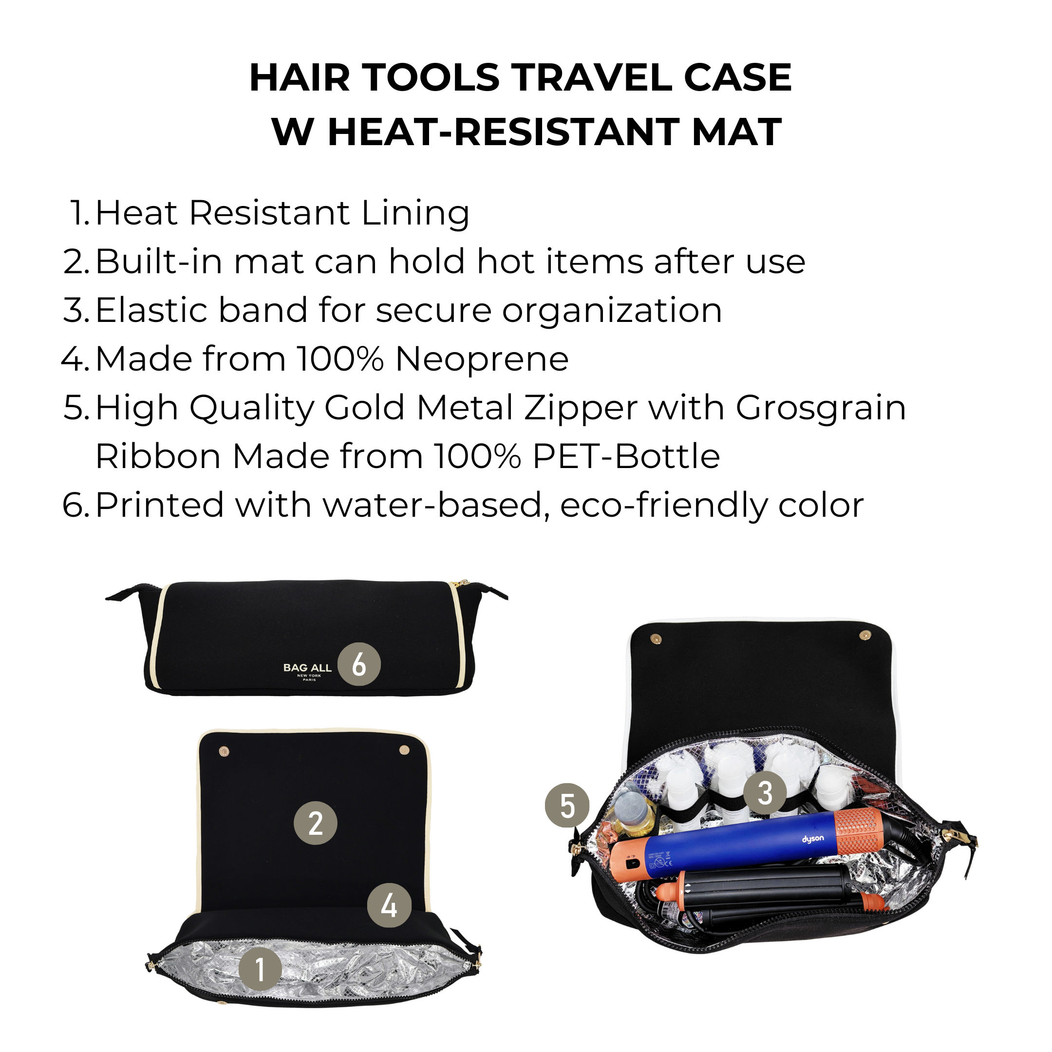Bag-all black hair tools travel case with heat-resistant mat elastic straps and eco-friendly neoprene design