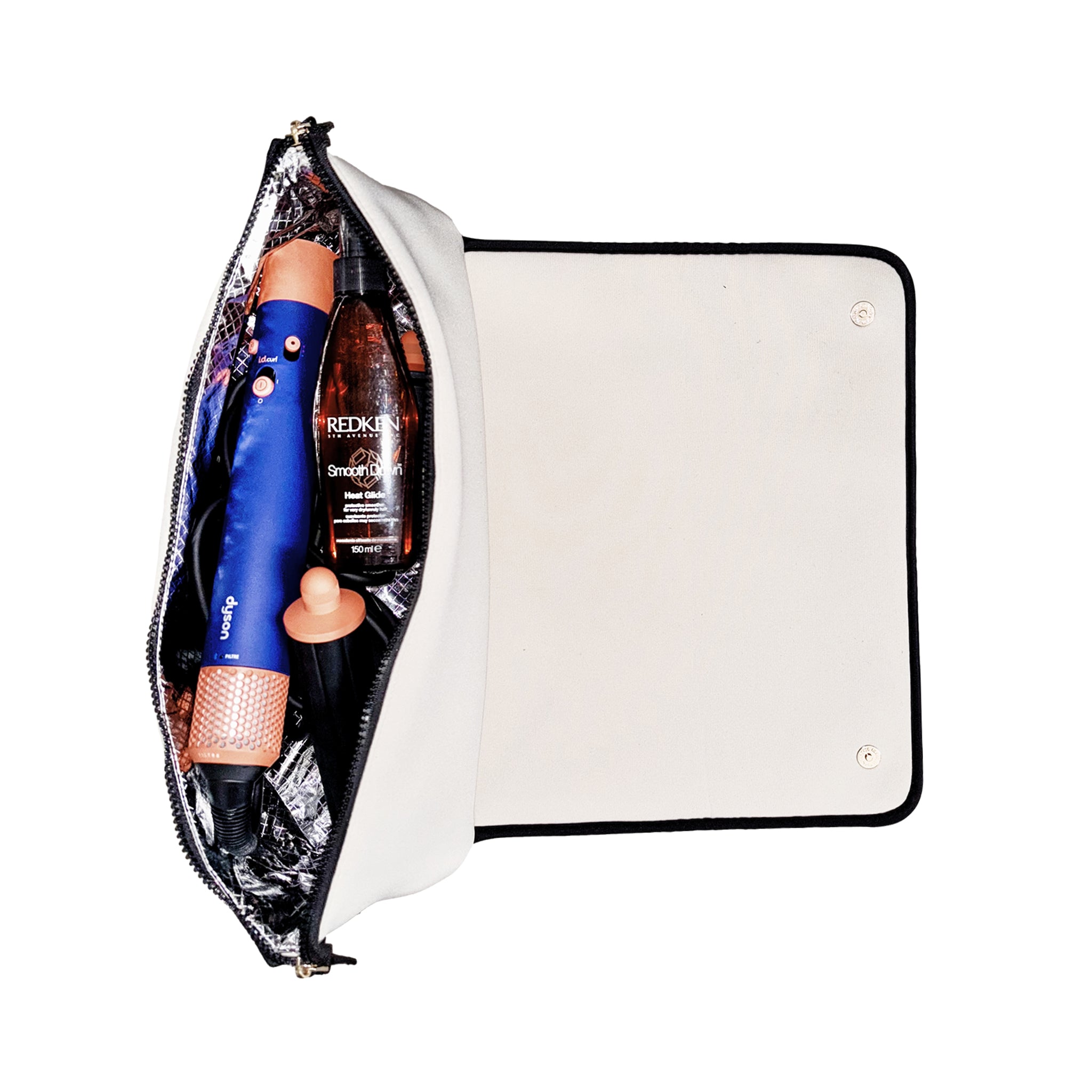 Bag-all cream hair tools travel case with heat-resistant mat and organized compartments for styling essentials