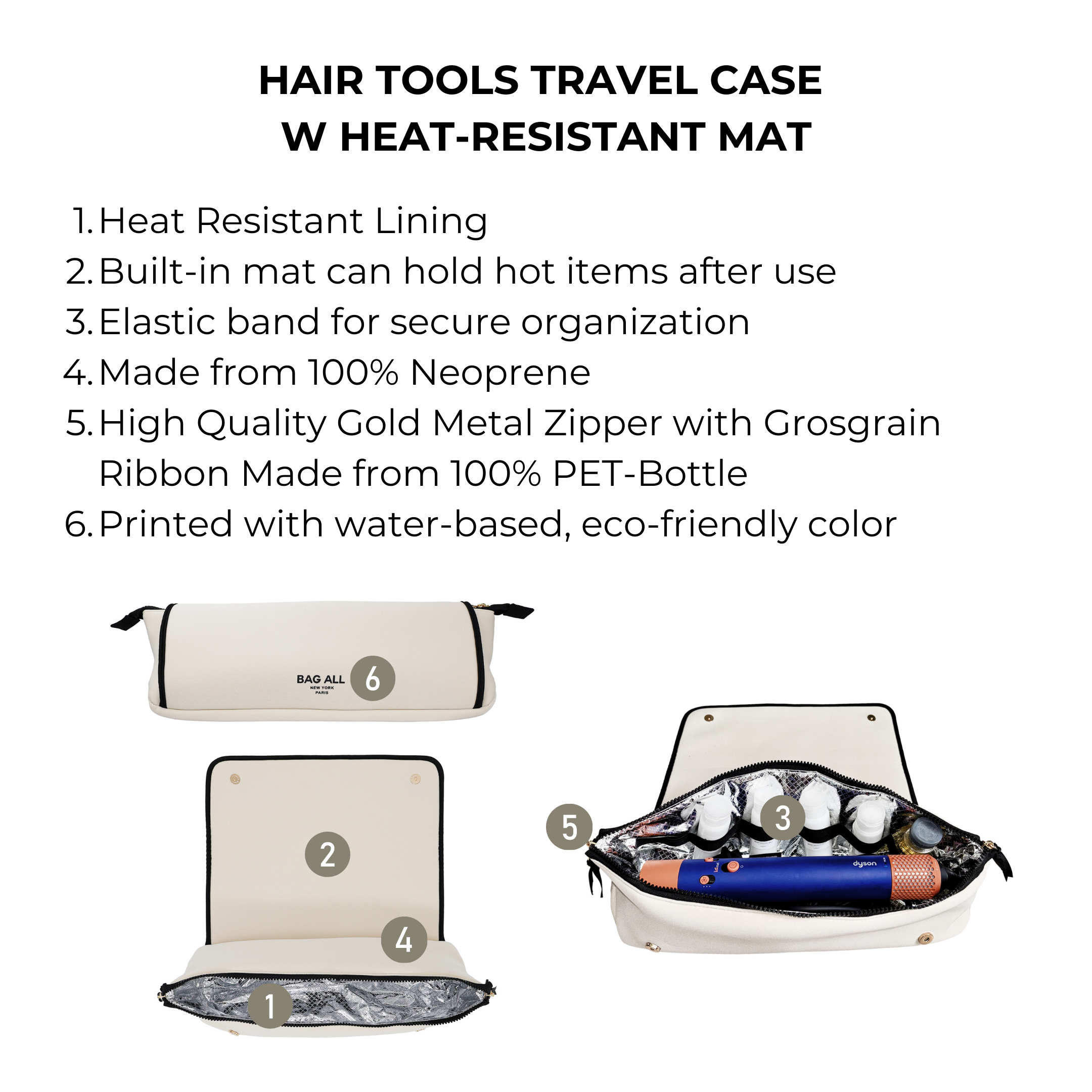Bag-all cream hair tools travel case with heat-resistant mat, elastic band, and eco-friendly neoprene for organized styling on the go