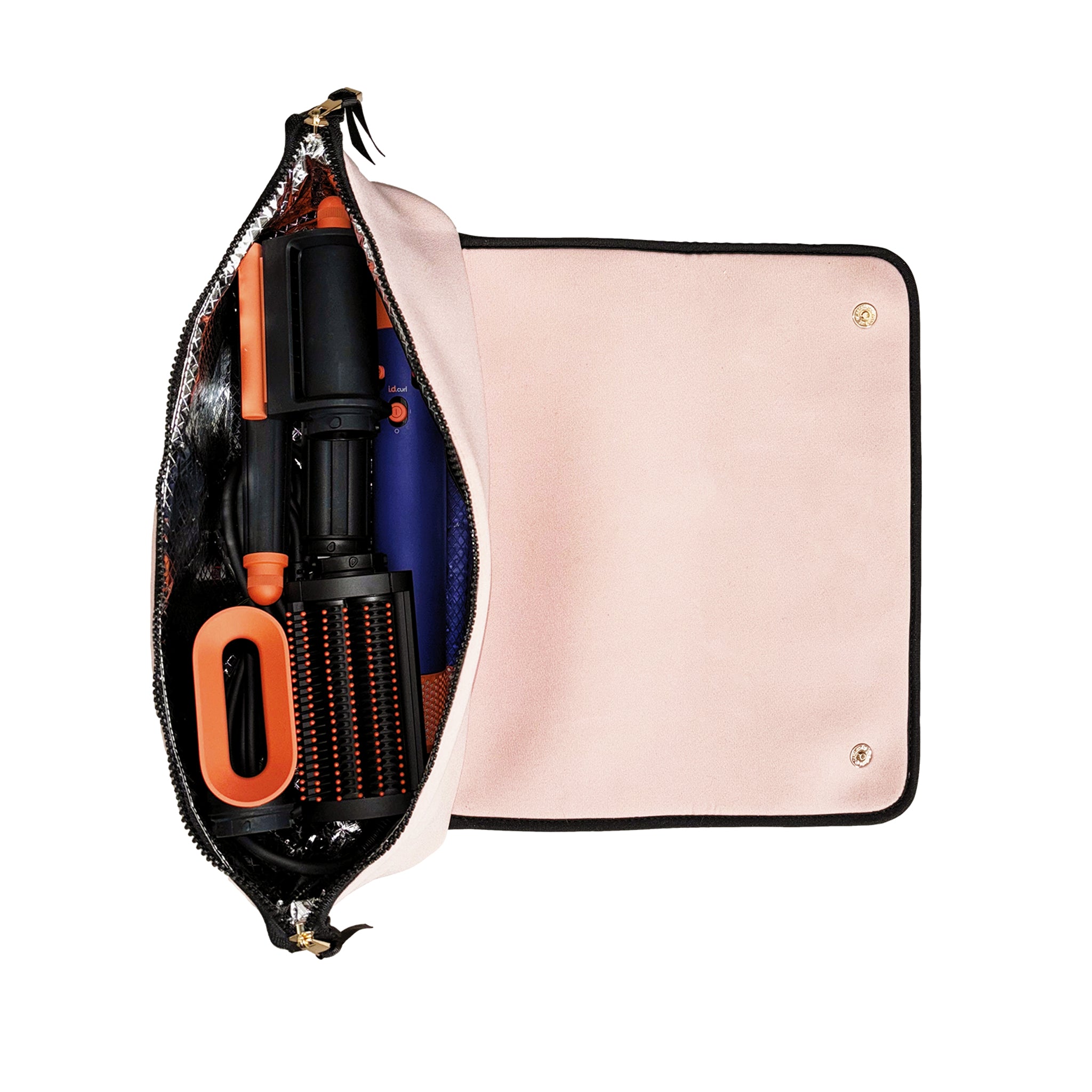 Bag-all pink blush travel case with heat-resistant mat and elastic straps to organize hair tools and accessories neatly.