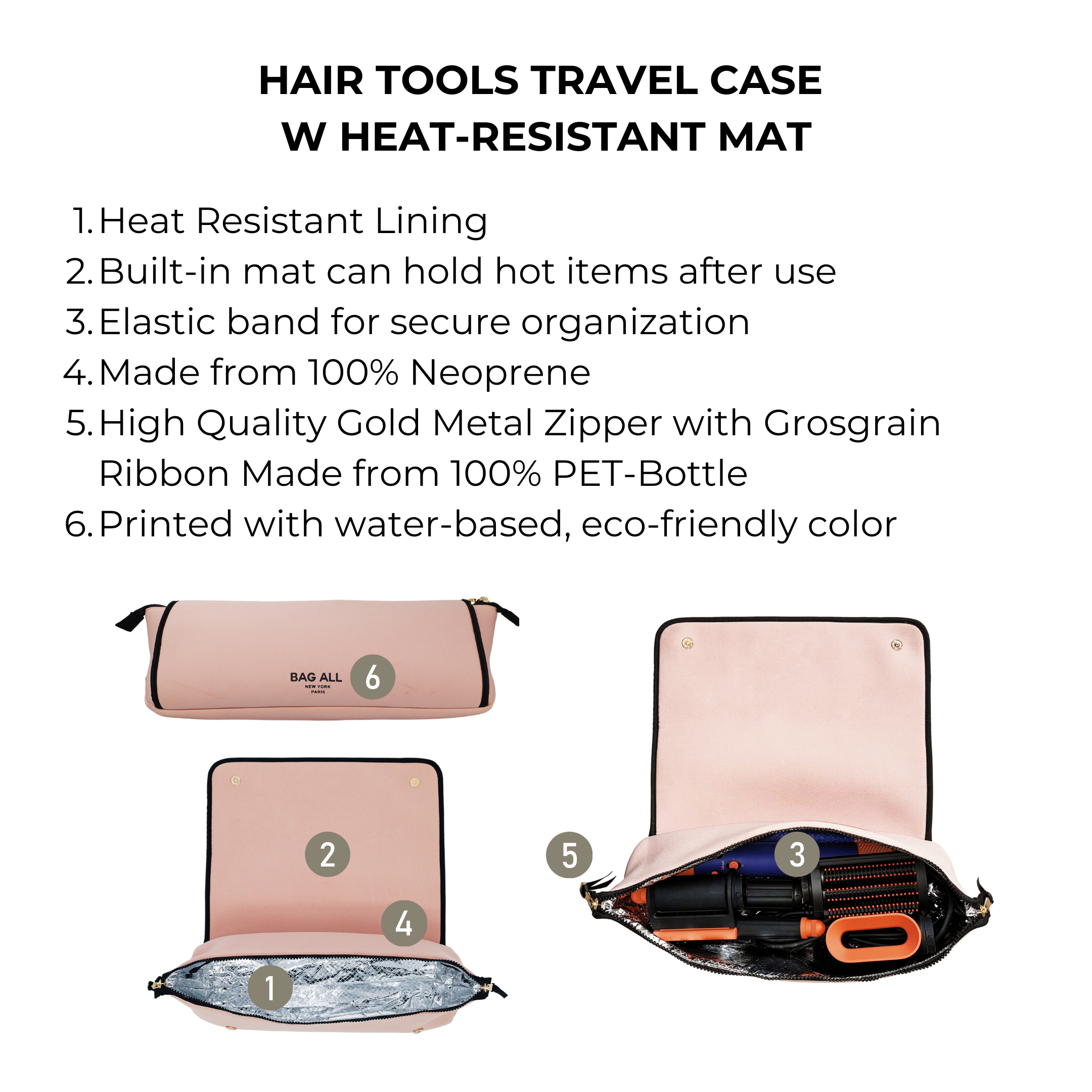 Bag-all pink hair tools travel case with heat-resistant mat, elastic band, and eco-friendly materials for organized styling storage