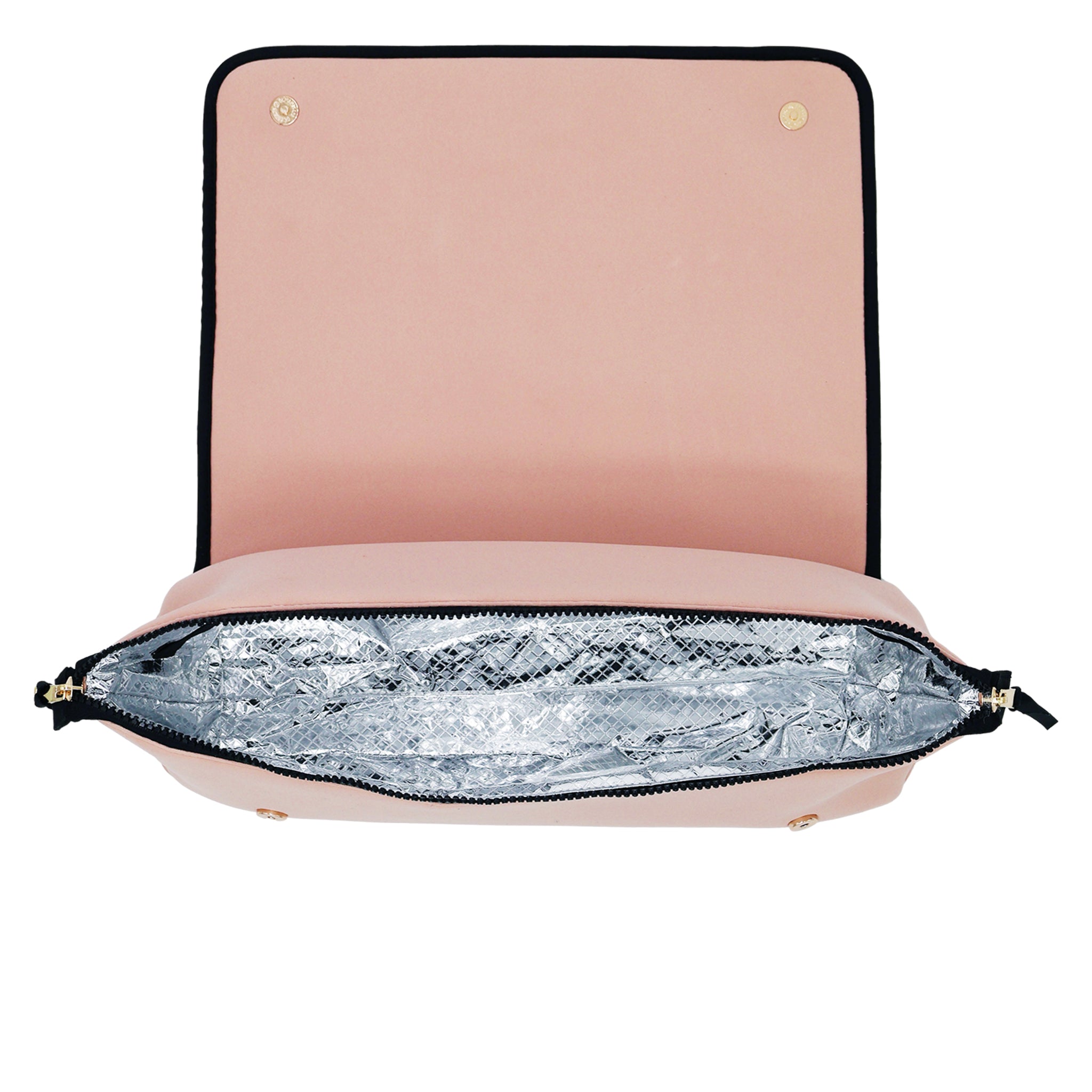 Bag-all pink heat-resistant travel case open showing silver insulated inner lining and snap buttons closure