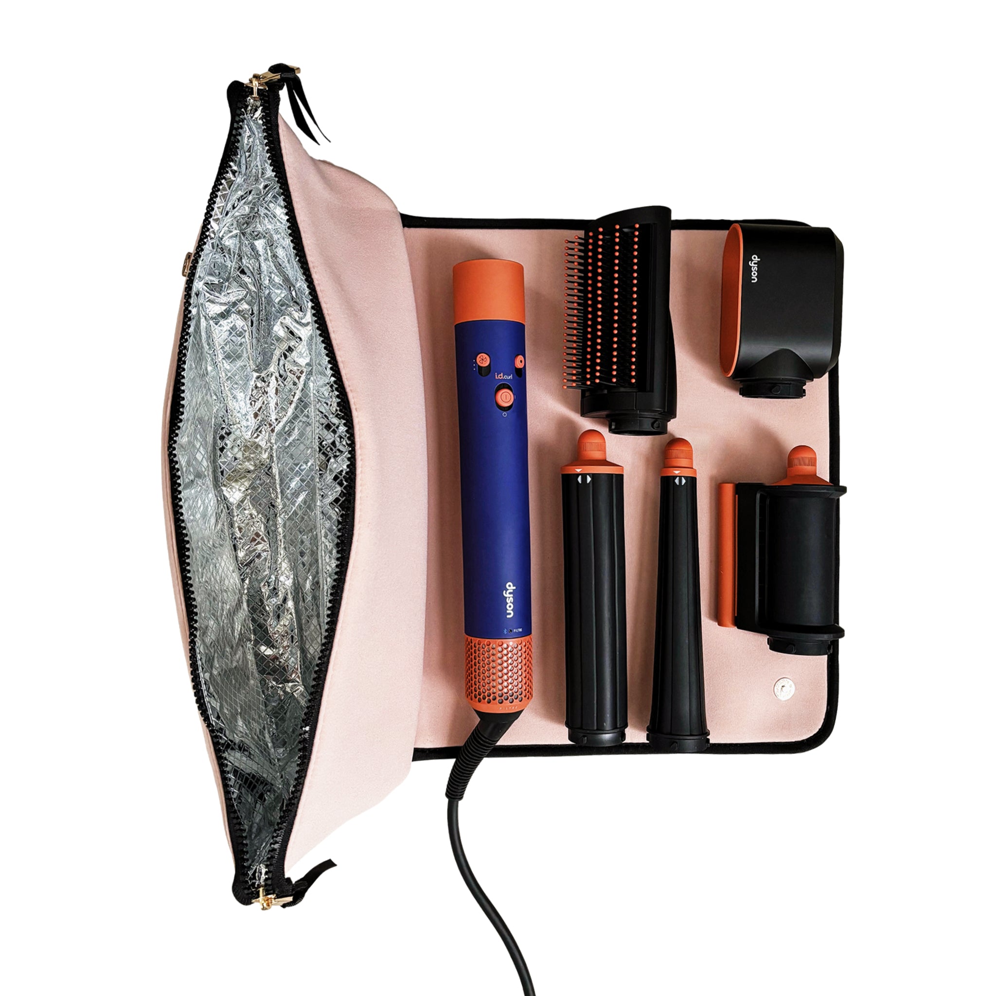 Bag-all pink blush travel case with heat-resistant mat and compartments for styling tools and accessories