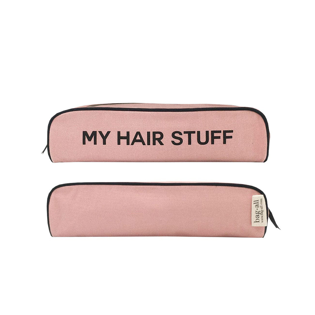 Bag-all pink blush hair organizer pouch with black trim and zipper labeled My Hair Stuff for stylish storage