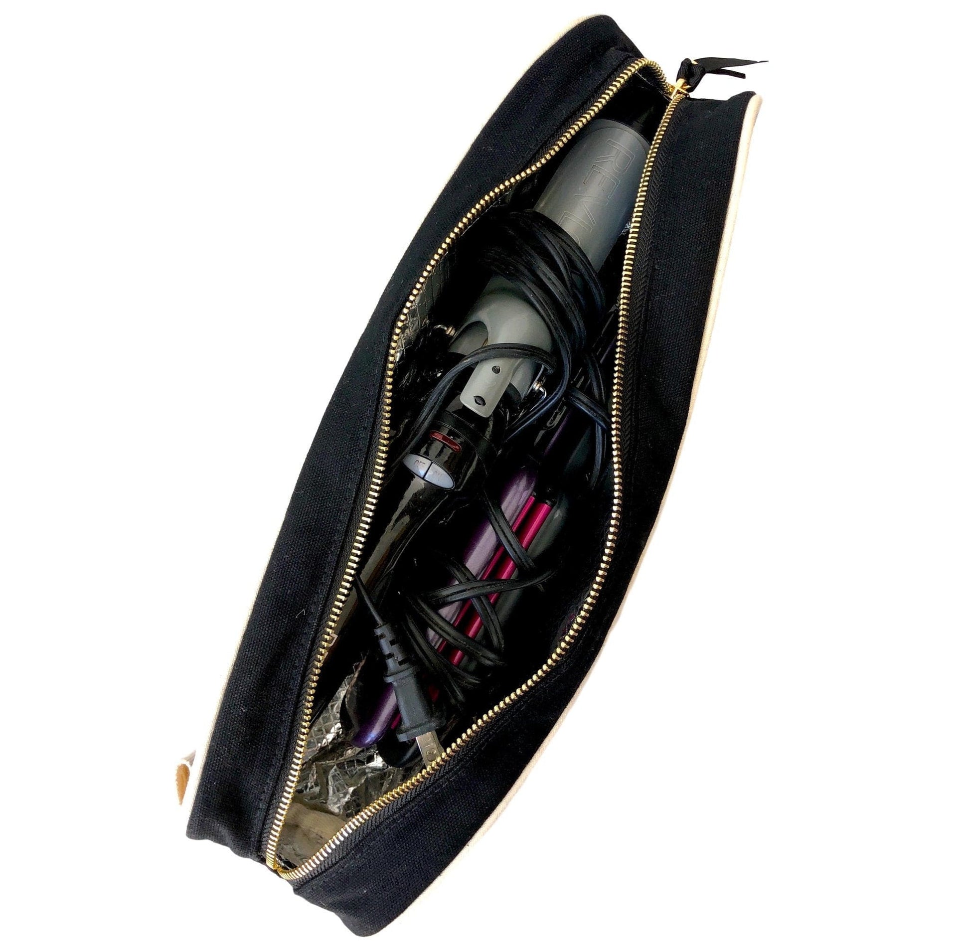 Bag-all Best Deal Gift Set - Black cotton travel case with gold zipper showing organized hair styling tools and accessories inside striped lining