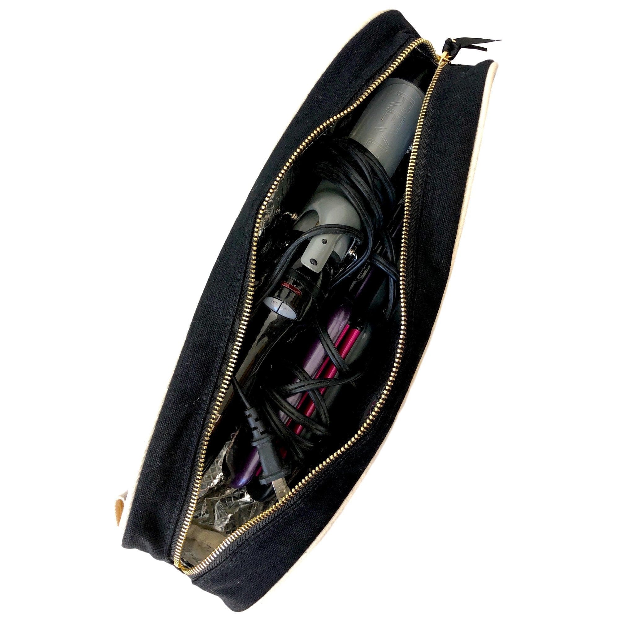 Bag-all Best Deal Gift Set - Black cotton travel case with gold zipper showing organized hair styling tools and accessories inside striped lining
