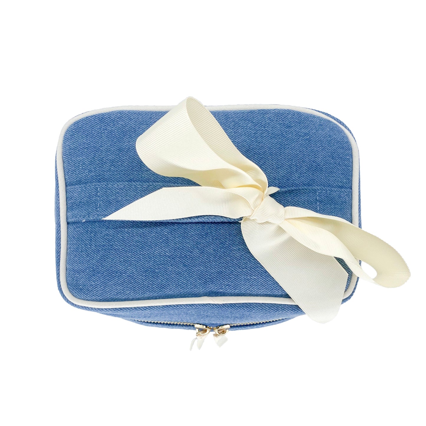 Bag-all Trendy Denim Travel Gift Set featuring stylish makeup box with cream ribbon, part of 3-piece denim organizer collection with striped lining and customizable monogram options