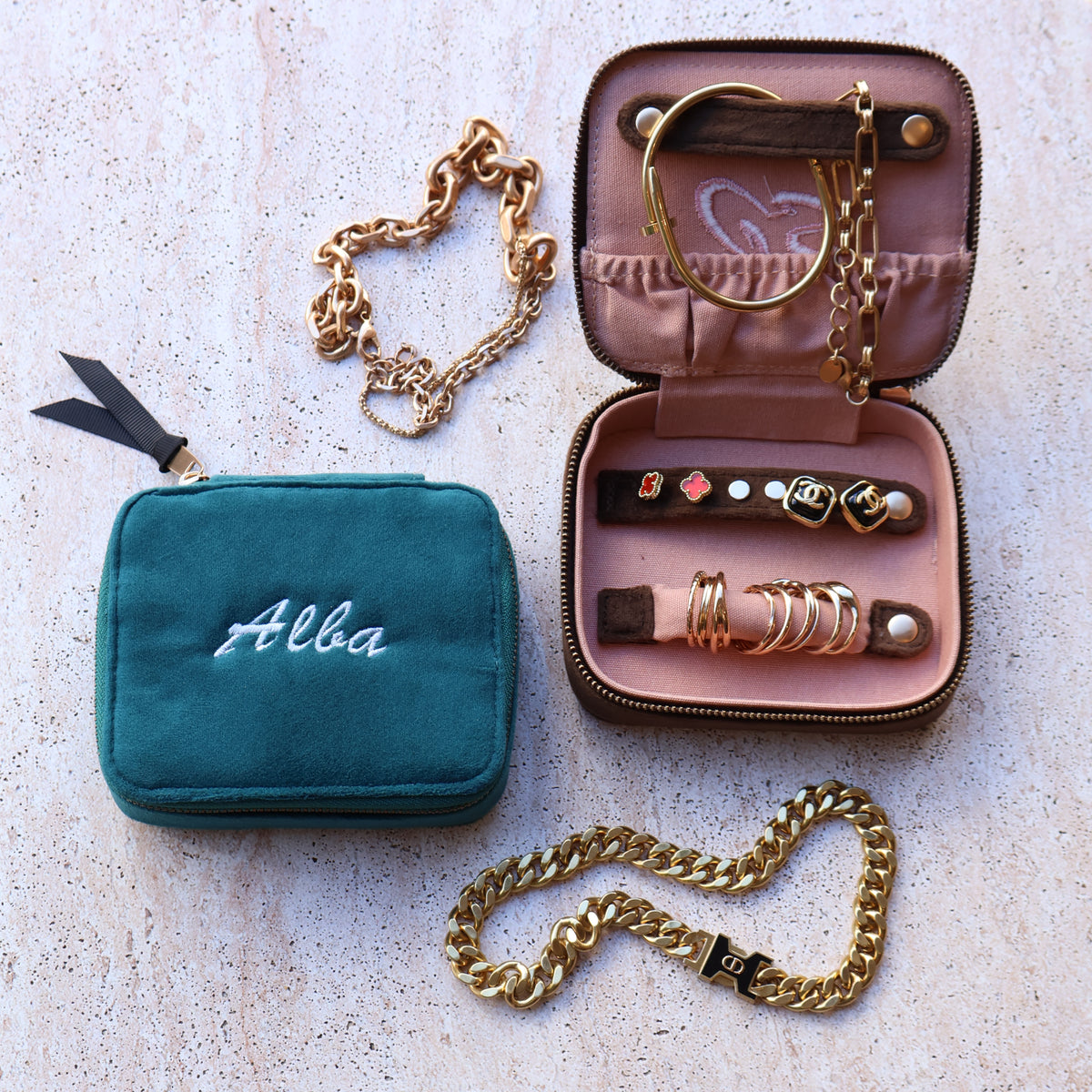 Cute Jewelry Box, Monogrammable – Eco Velvet – Aqua Teal by Bag-all for personalized travel jewelry organization