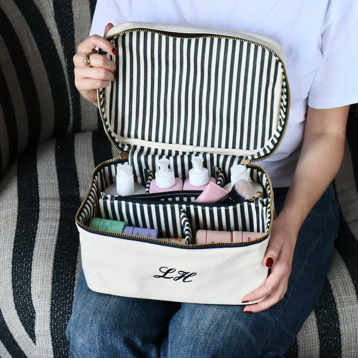 Large Beauty Box with Insert Organizer 'Vanity' – Cream by Bag-all with striped interior and beauty essentials