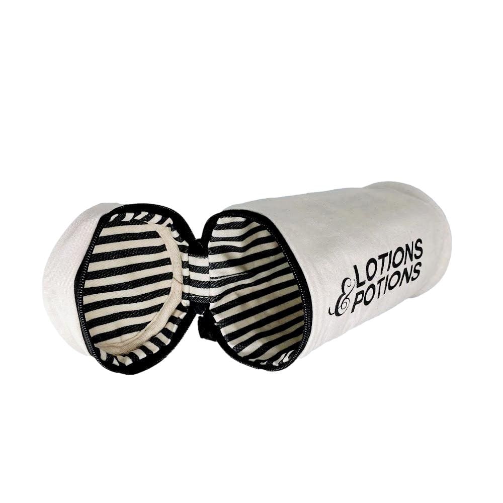 Bag-all cream hair tools organizer with striped interior and Lotions Potions print for stylish storage and travel