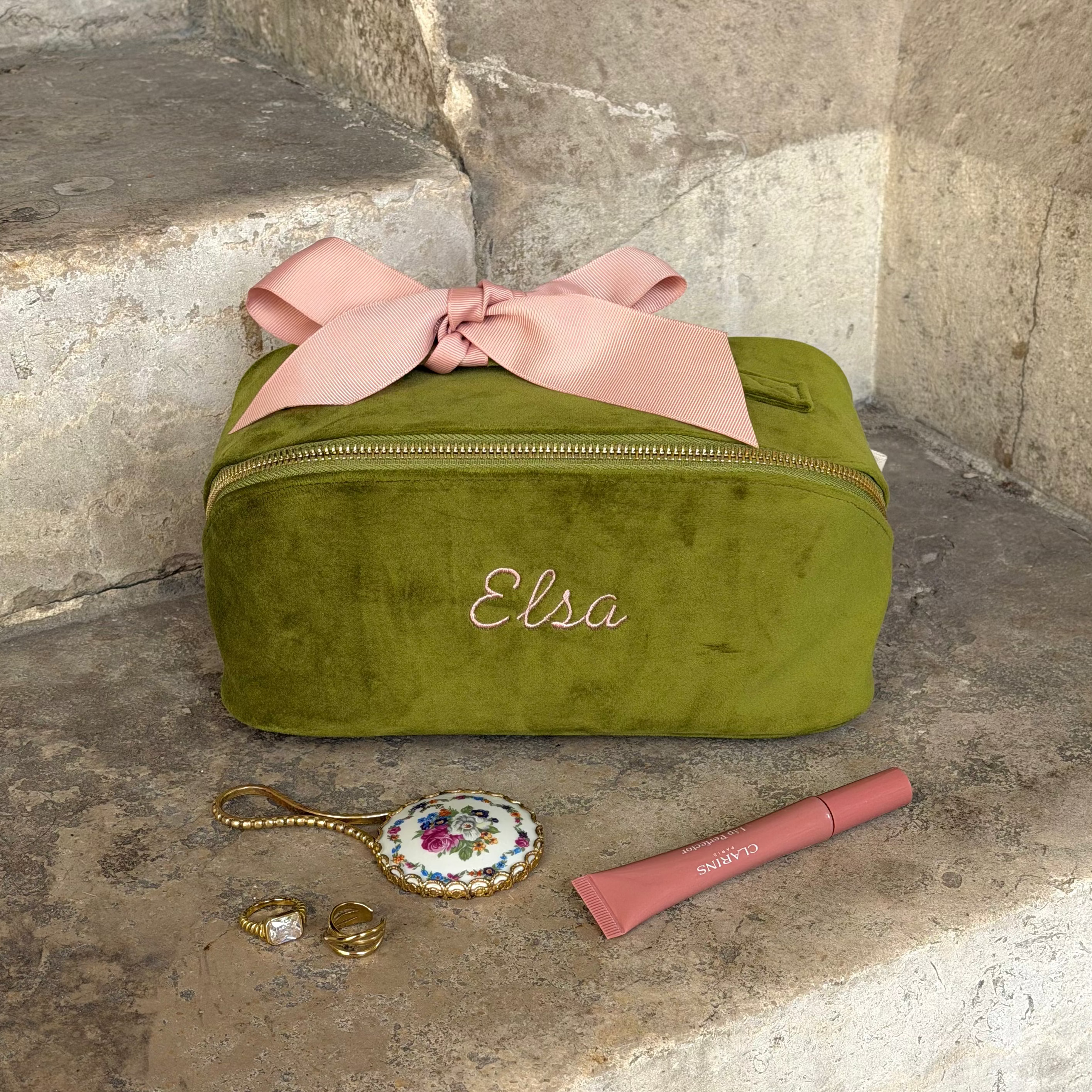 Accordion Box Makeup & Toiletry – Eco Velvet – Matcha Green by Bag-all personalized travel organizer