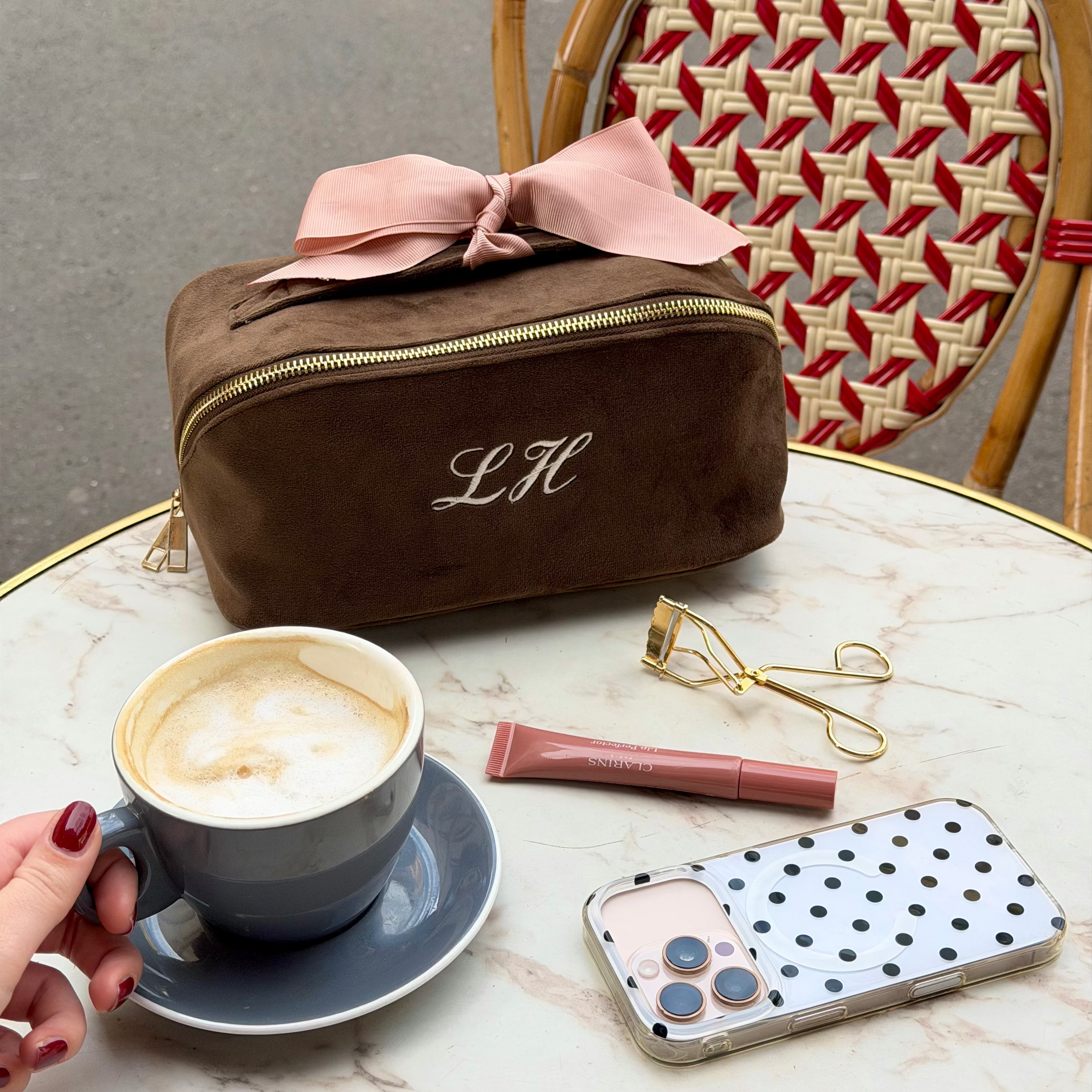 Accordion Box Makeup & Toiletry – Velvet – Espresso Brown, brown velvet bag with pink bow and monogram LH