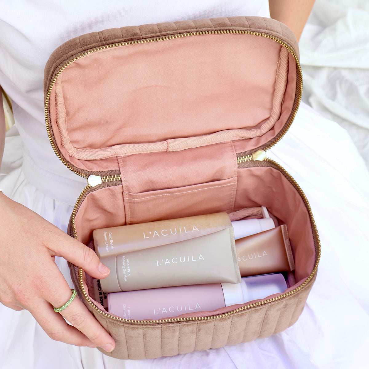 My Makeup Cosmetic Box – Quilted Eco Velvet – Latte Taupe by Bag-all open with makeup inside