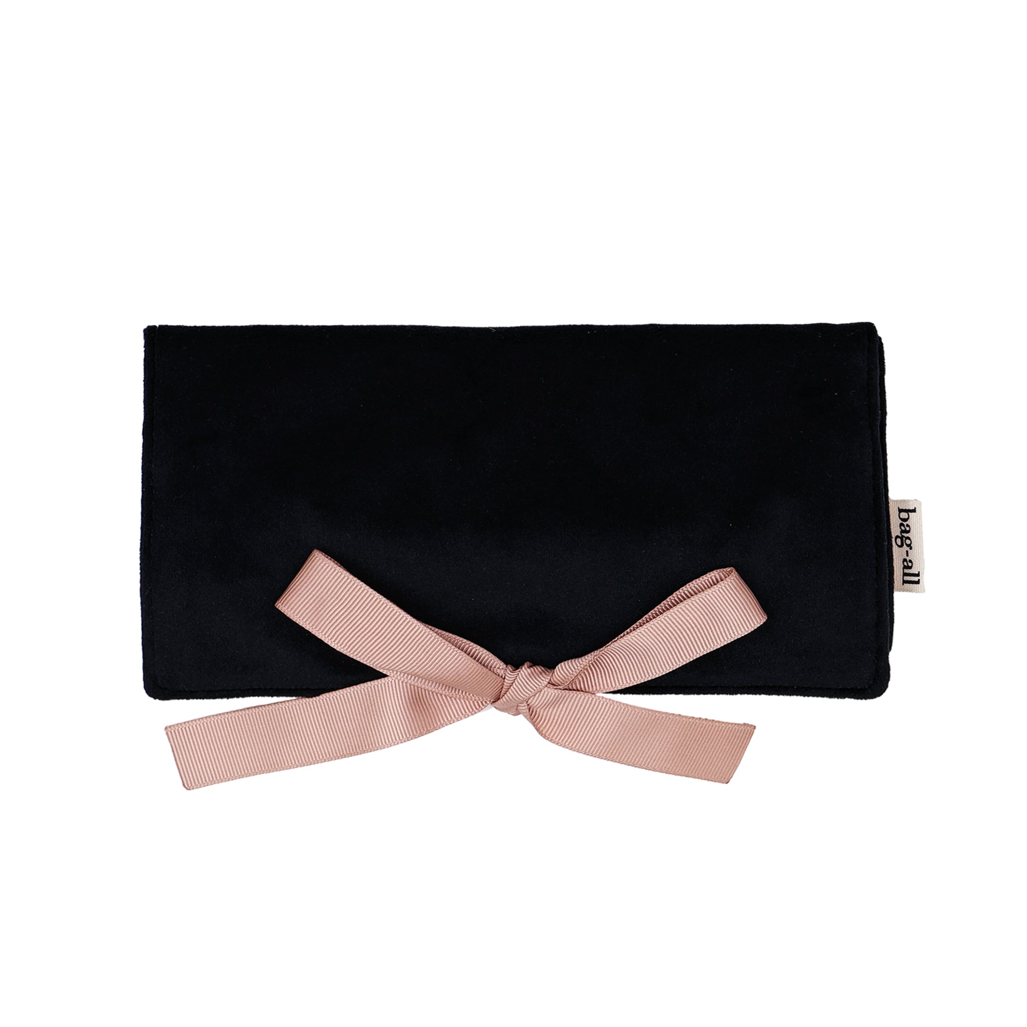 Bag-all medium black velvet jewelry roll closed with soft pink grosgrain ribbon tie gallery position 1