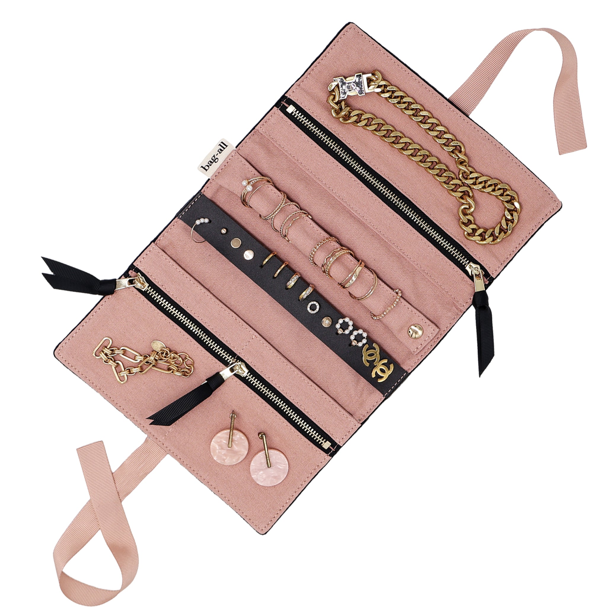Bag-all medium Couture Jewelry Roll open showing soft pink interior with gold-tone jewelry, black zipper compartments gallery position 1