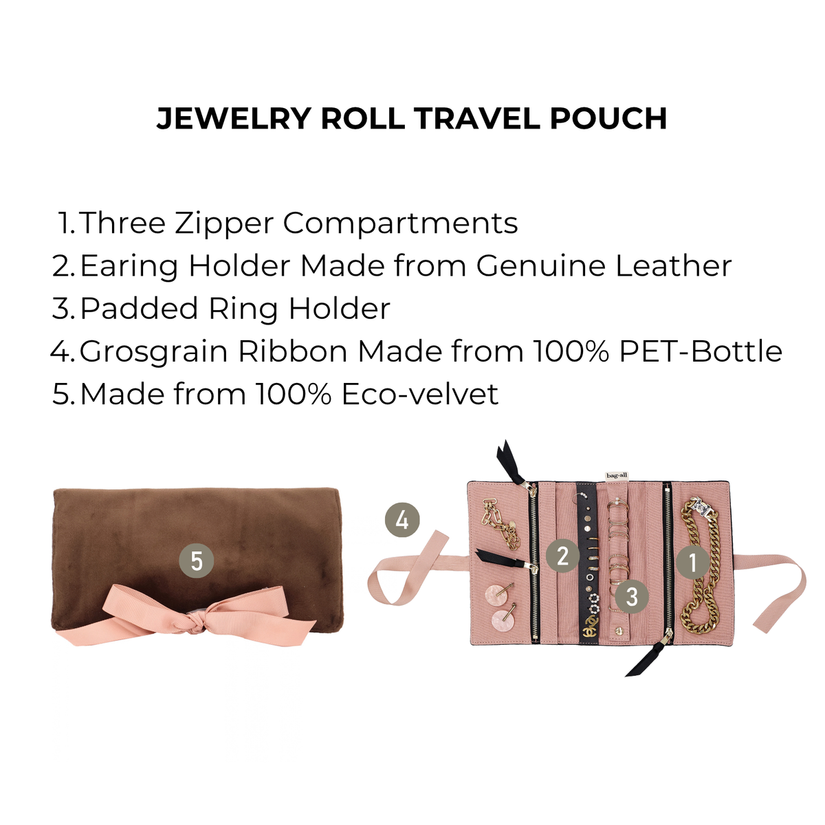 Couture Jewelry Roll, Medium – Eco Velvet – Espresso Brown with three compartments and ring holder for travel by Bag-all