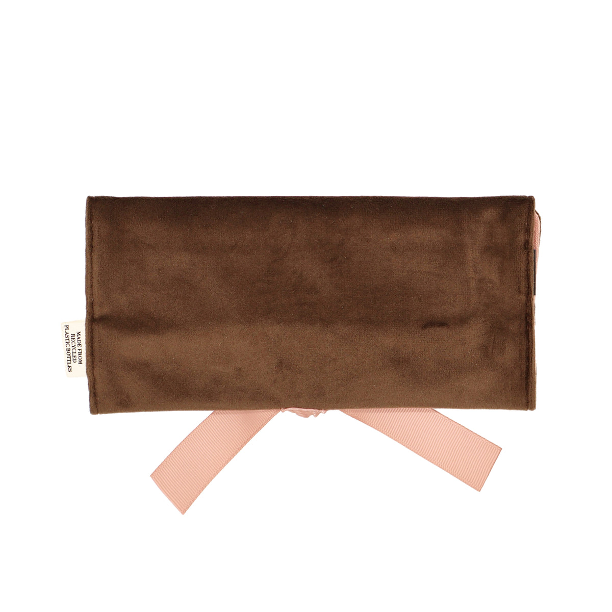 Couture Jewelry Roll, Medium – Eco Velvet – Espresso Brown, brown jewelry organizer with pink ties by Bag-all
