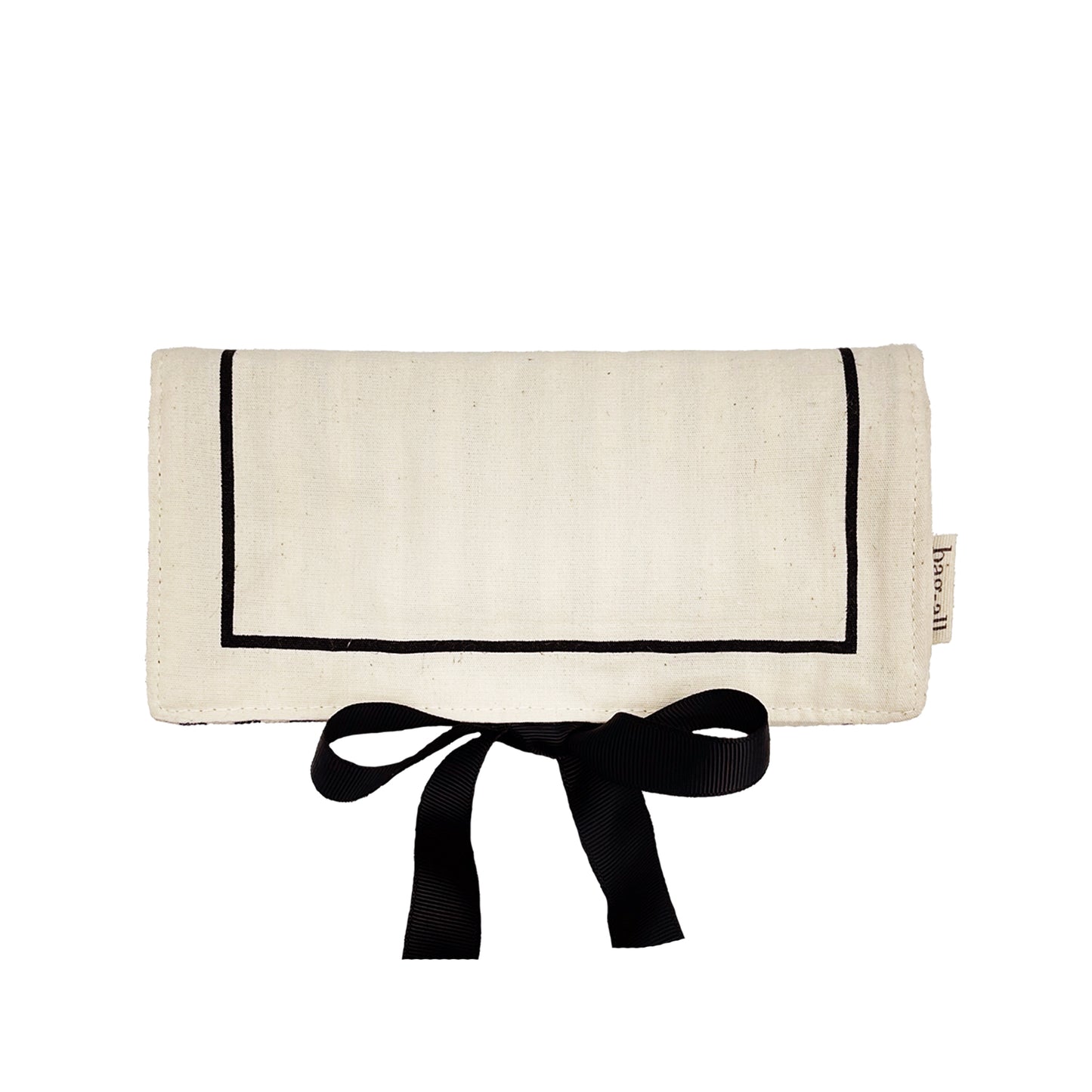Bag-all Couture Jewelry Roll Medium Cream - Elegant cotton organizer with black ribbon tie and border detail for stylish jewelry storage and travel
